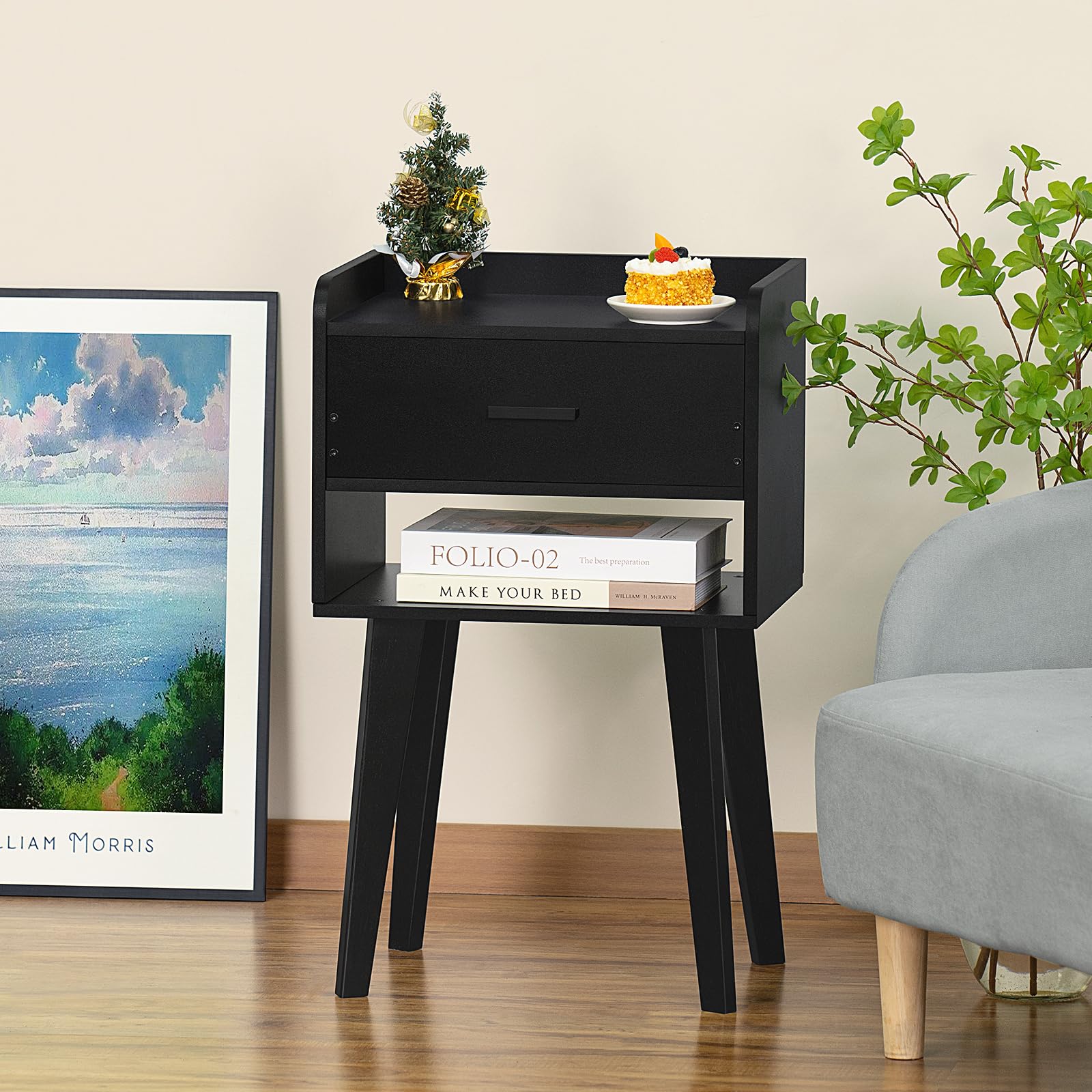 Modern Black Nightstand with Drawer - Wooden Bedside Table for Small Spaces, Storage Side Table - Perfect for Bedroom, Living Room, Dorm & Office (26.38