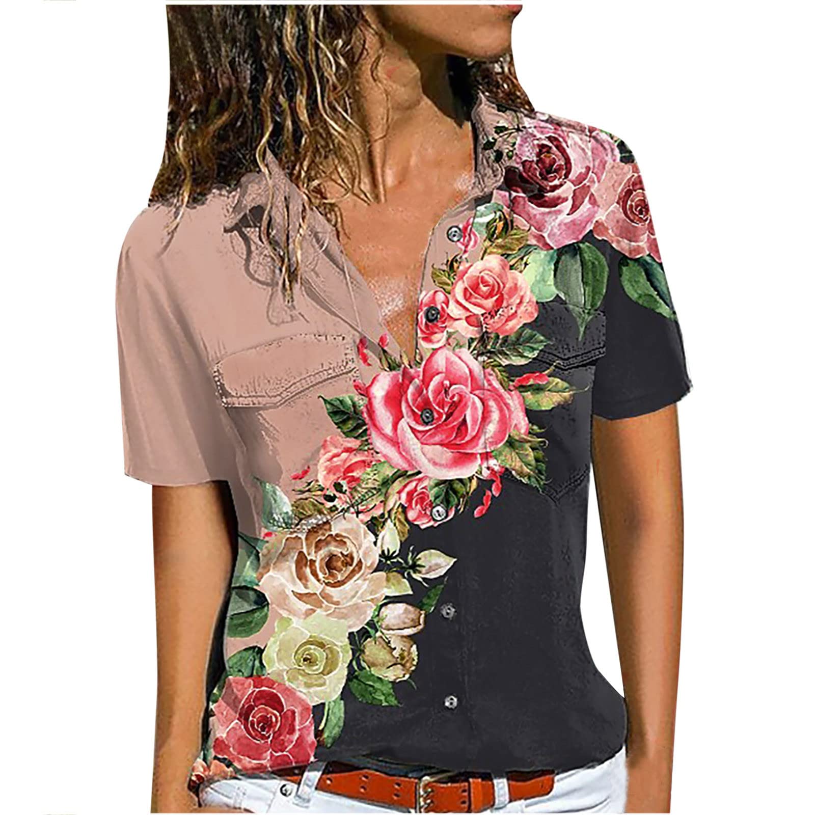 Women's Short Sleeve Blouse - Elegant Turn Down Collar Button Down Shirt with Beautiful Floral Print | Lightweight & Breathable | Perfect for Office Wear, Casual Outings & Summer Dresses