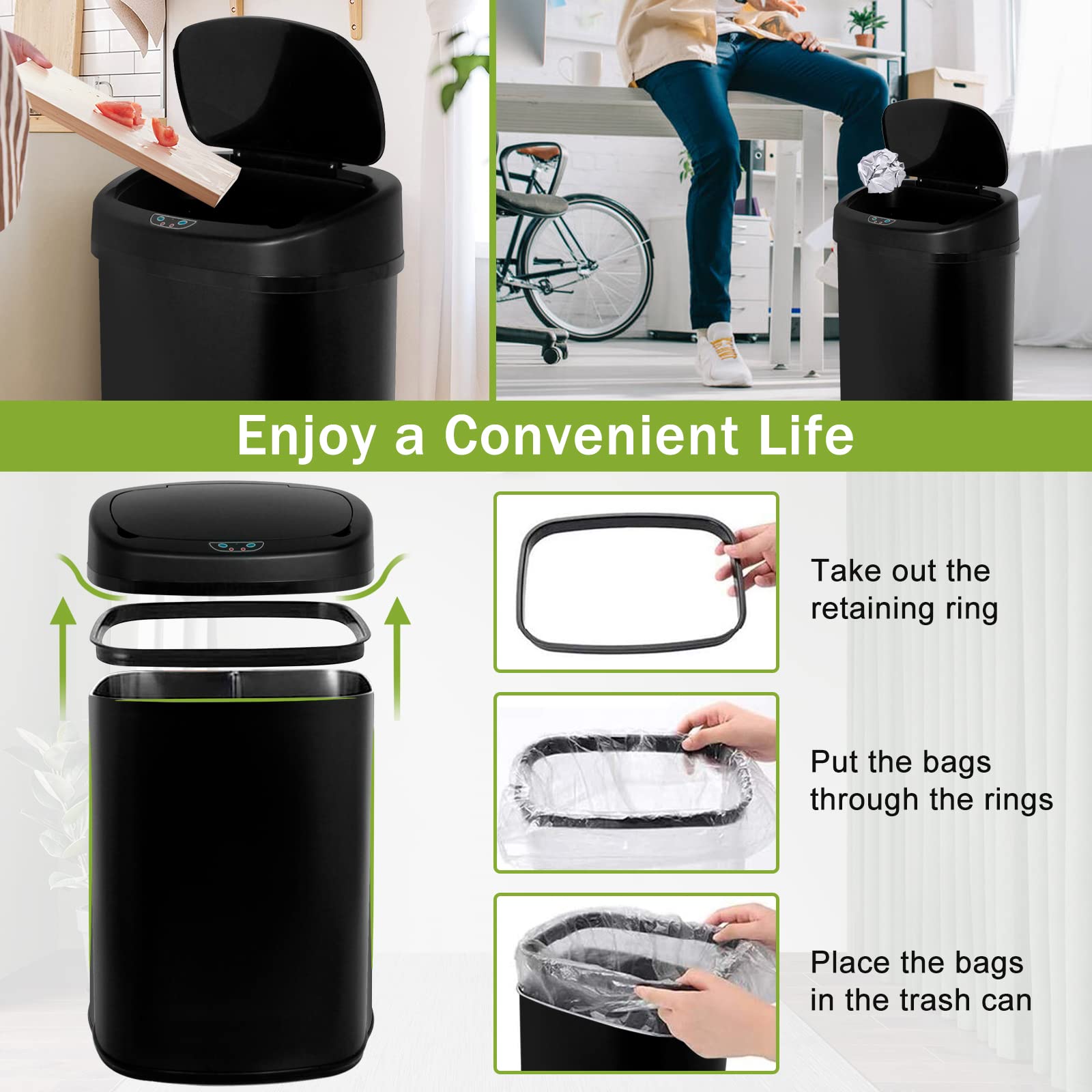 13 Gallon Automatic Sensor Trash Can with Lid - Touchless Stainless Steel Kitchen Garbage Bin for Home, Office, Bathroom & Bedroom | Durable & Odor-Proof Waste Container for Easy Hands-Free Disposal