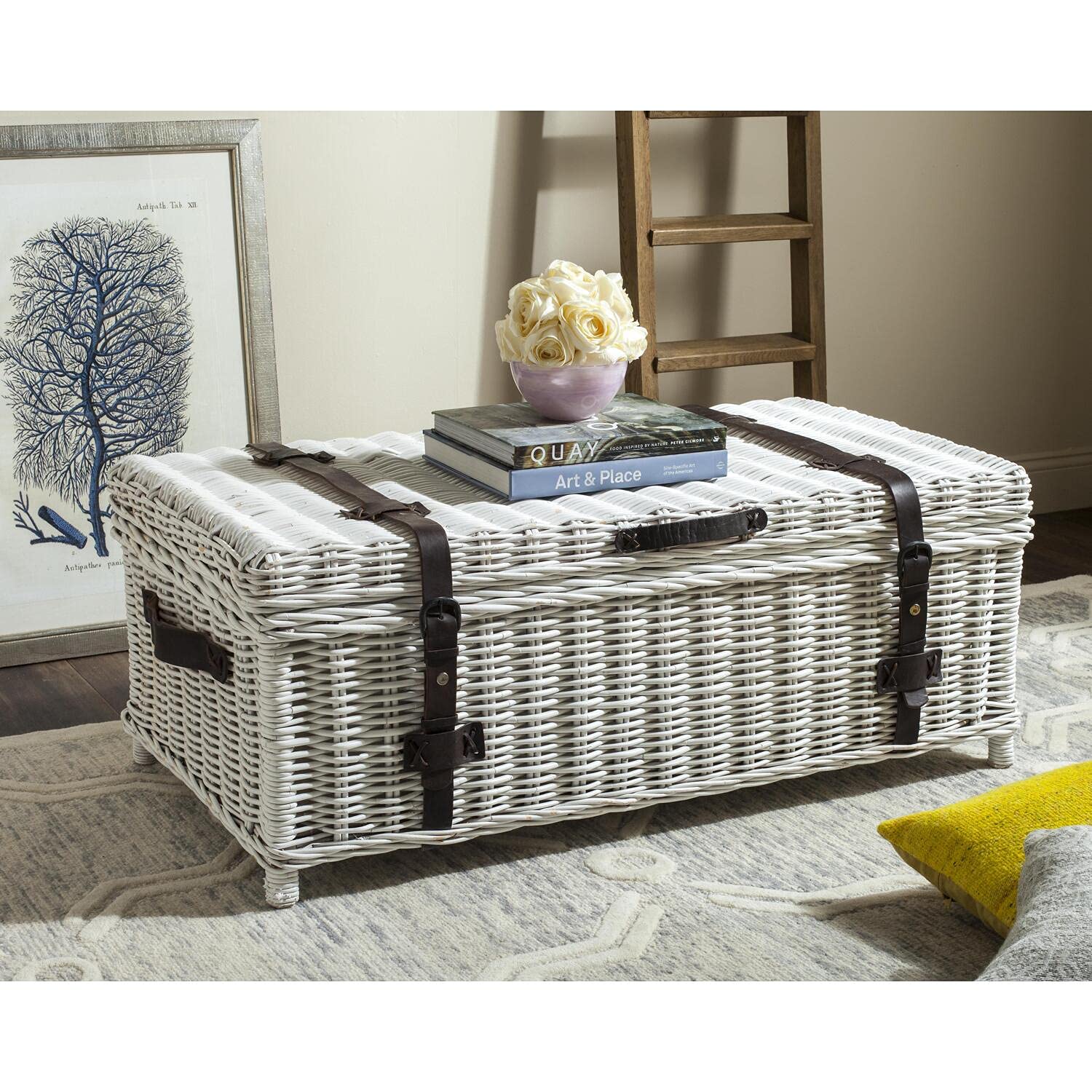 SAFAVIEH Navarro White Rattan Coffee Table - Modern Round Side Table for Living Room, Bedroom, Patio - Natural Woven Rattan Accent Table with Glass Top - Perfect for Home Decor, Lounge, and Outdoor Use