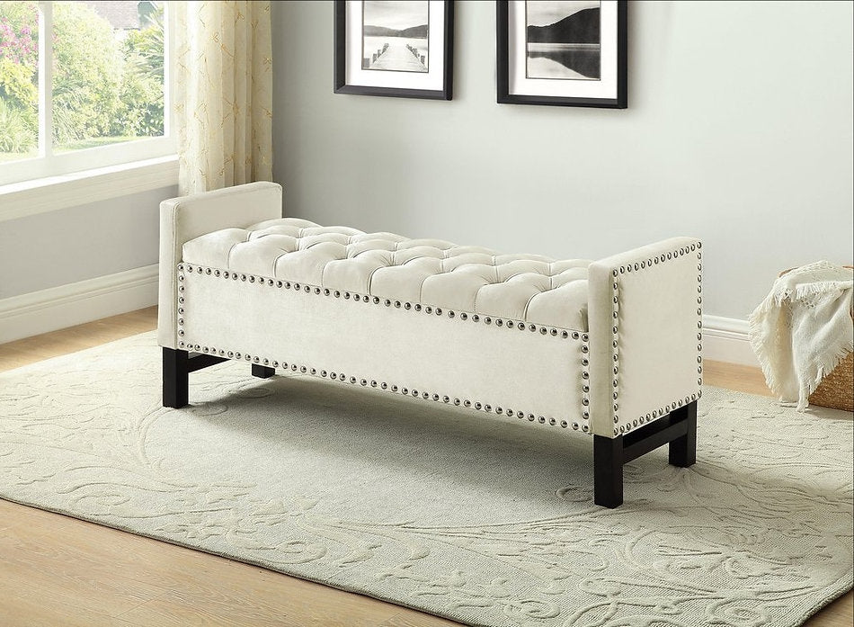 Luxury Velvet Storage Bench with Nailhead Trim - Cream Upholstered Entryway Seat for Living Room, Bedroom & Hallway Organization