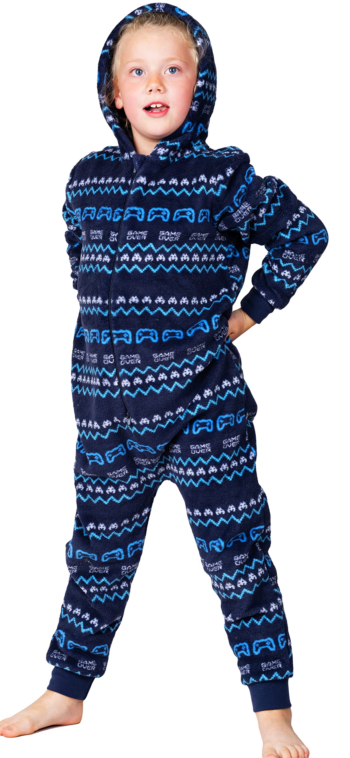 Wunsy Kids Gaming Onesie - Space Invaders Themed Fleece Sleepsuit with Hood for Boys & Girls Ages 8-16 | Warm PJs for Sleepovers, Gaming Nights & Winter Comfort