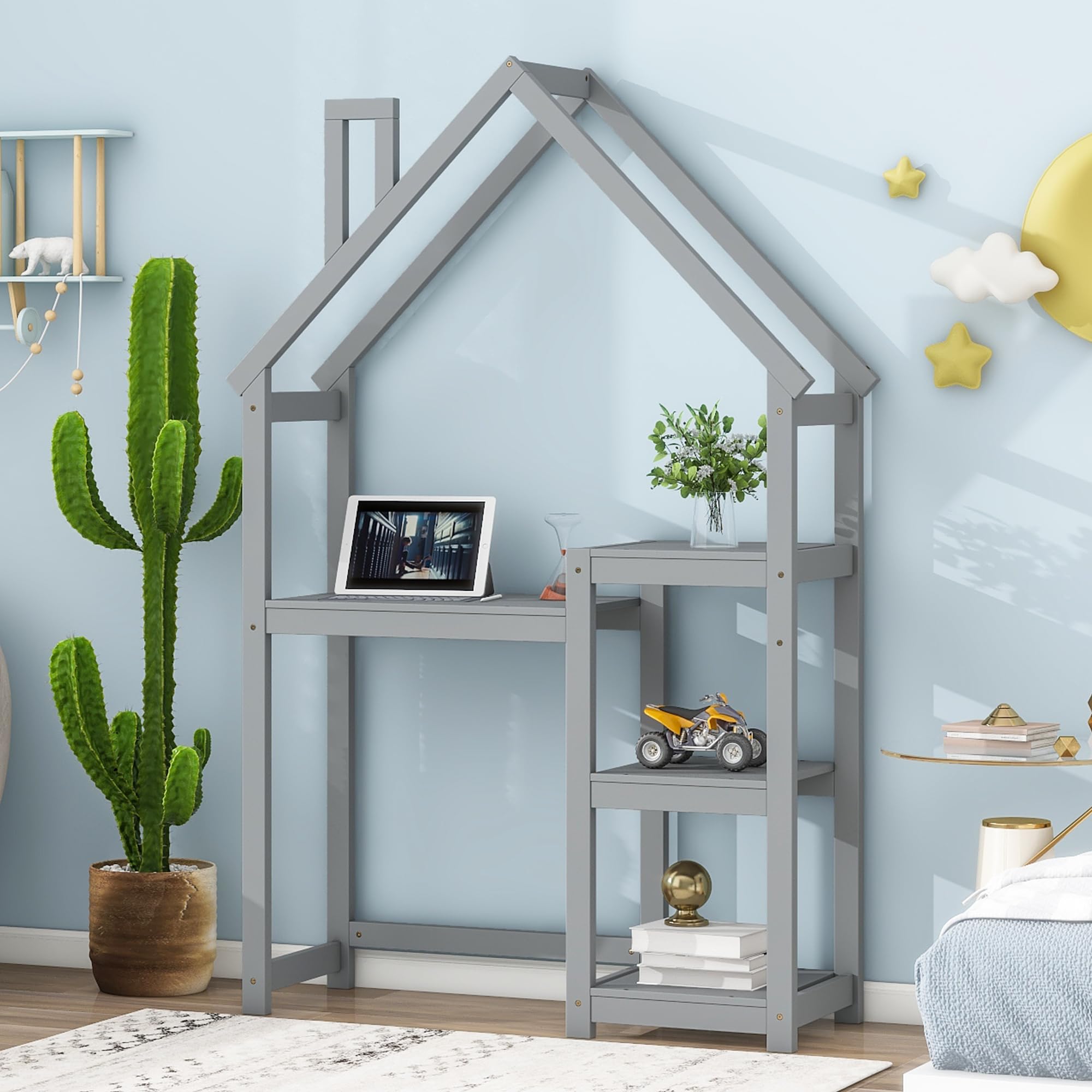 Kids Wooden House-Shaped Writing Desk - Multi-Functional Study Table with 3-Tier Storage Shelves, Open Bookshelf & Toy Organizer - Stylish Grey Roof Design for Bedroom, Playroom or Homeschooling