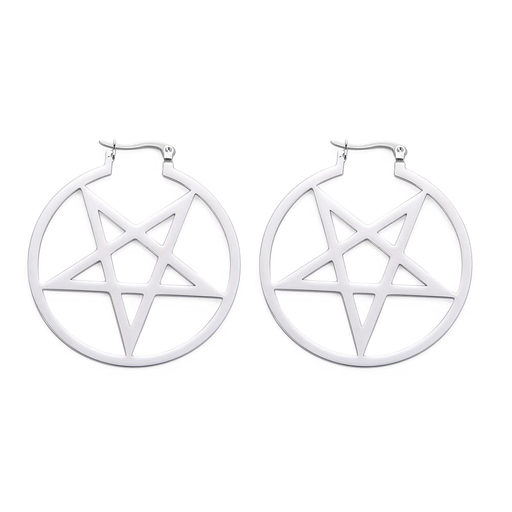 LIKGREAT Large Pentagram Earrings for Women - Pagan Wiccan Hoop Earrings with Pentacle Buckle - Gothic Witchy Jewelry for Halloween Parties, Rituals & Everyday Boho Style