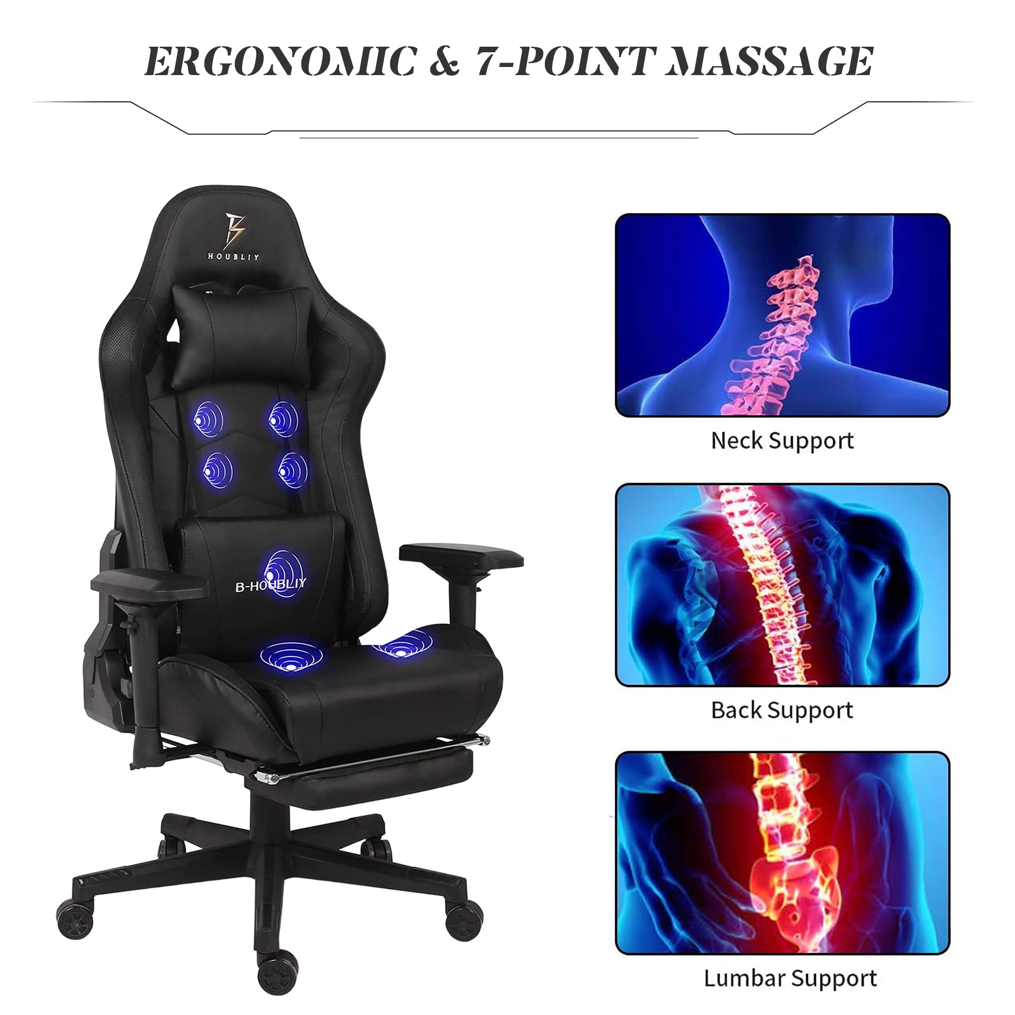 RGB Gaming Chair with Footrest & Massage - Ergonomic High Back Computer Chair with 4D Armrests, Lumbar Support & Built-in Speakers - 360° Swivel PU Leather Racing Chair for PC/Console Gaming - Perfect for Esports, Streaming & Home Office Setup