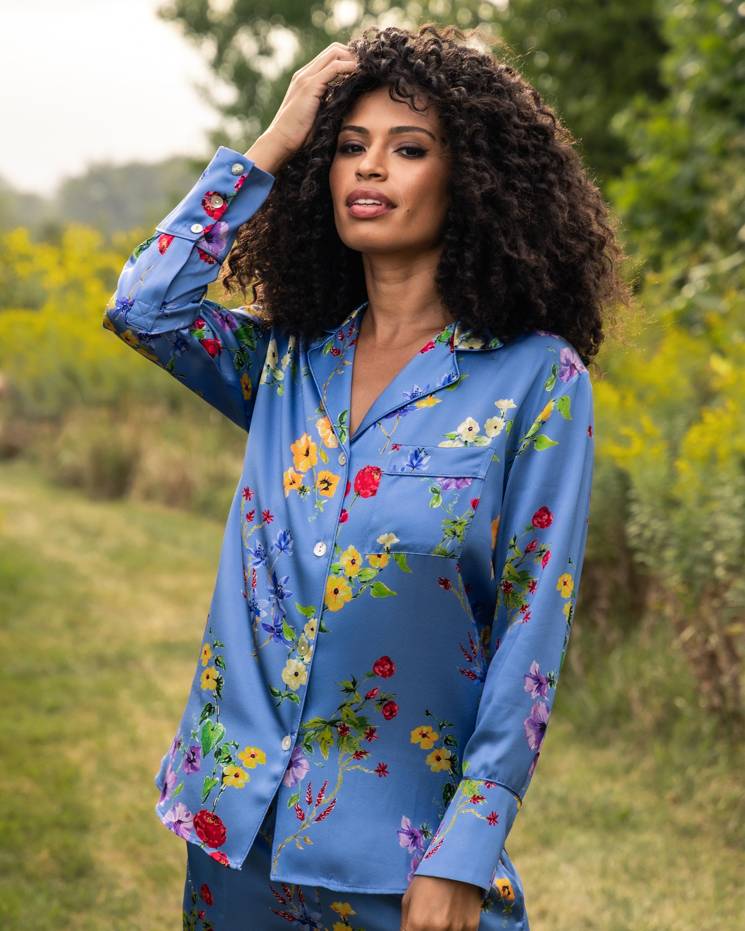 Luxury Women's Silk Pajama Set - Soft Botanical Print Sleepwear in Azure Blue | Perfect for Relaxing at Home, Spa Days & Gift Giving