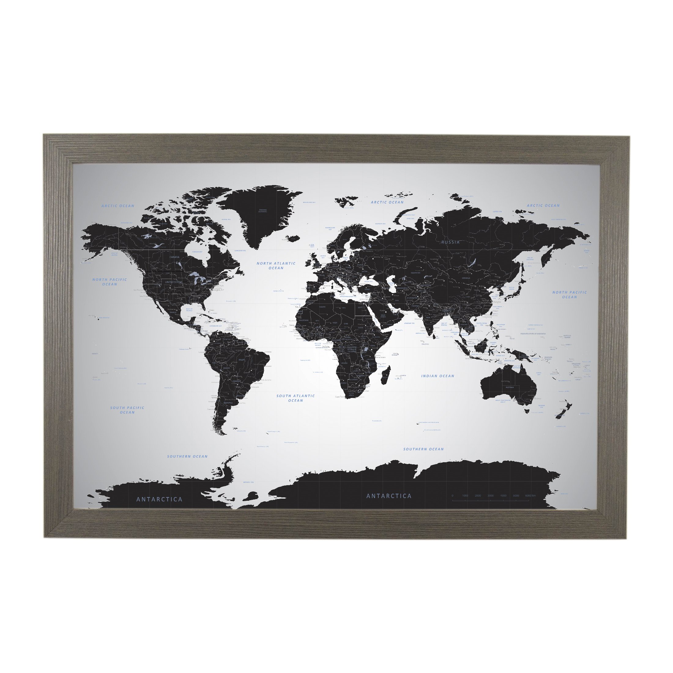 Push Pin Travel Map - Black Ice World - Barnwood Gray Framed Pin Board for Tracking Adventures - 27.5