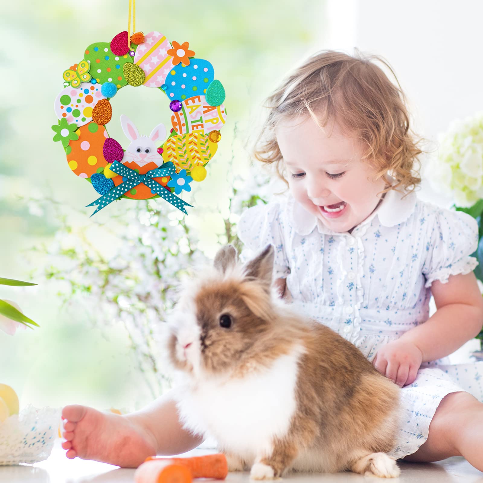 12 Sets DIY Easter Wreath Craft Kit with Foam Stickers, Pom-Poms & Googly Eyes - Bunny & Chick Decorations for Kids Classroom, Home Art Projects, Easter Party Favors & Front Door Décor - Perfect for Spring Celebrations & Holiday DIY Activities