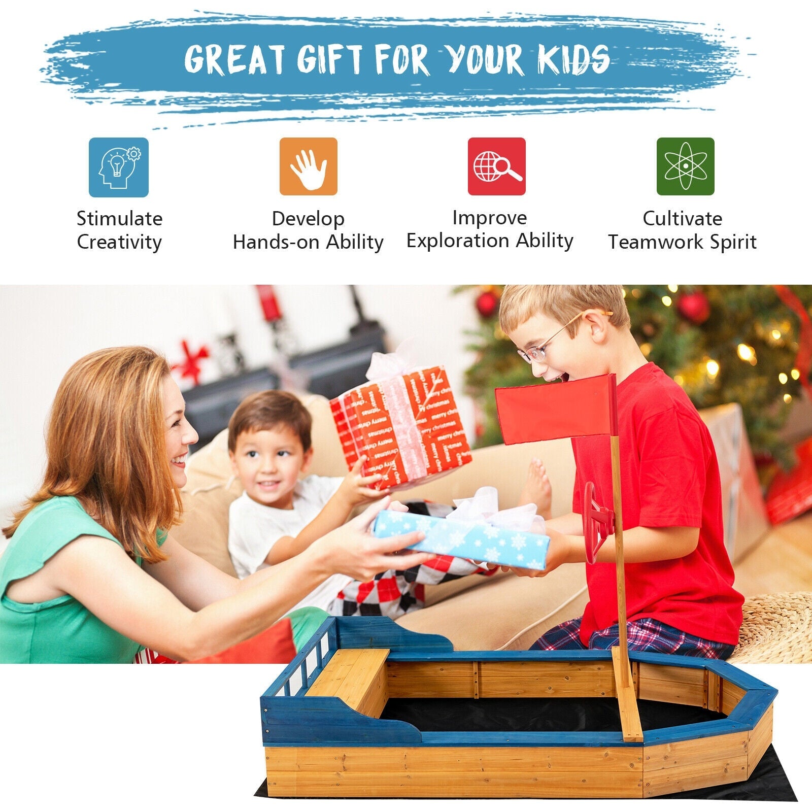 Kids' Pirate Boat Sandbox with Flag and Rudder - Outdoor Play Sandbox for Pretend Play & Backyard Fun