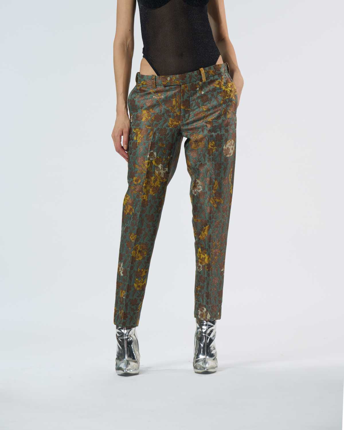 Classic Silk Brocade Trousers in Sage Green - Elegant & Comfortable Pants for Women, Perfect for Office Wear, Formal Events & Special Occasions