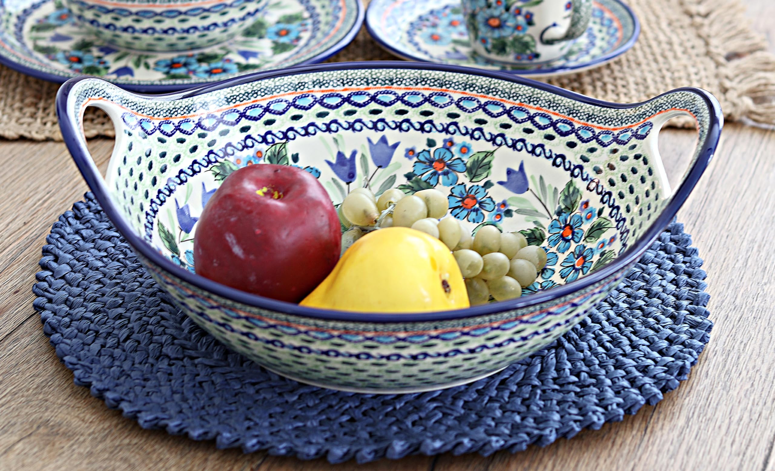Handmade Blue Rose Polish Pottery Ballina Deep Bowl with Handles - Authentic Ceramic Serving Bowl for Soup, Salad & Pasta - Perfect for Dining, Gifts & Home Decor