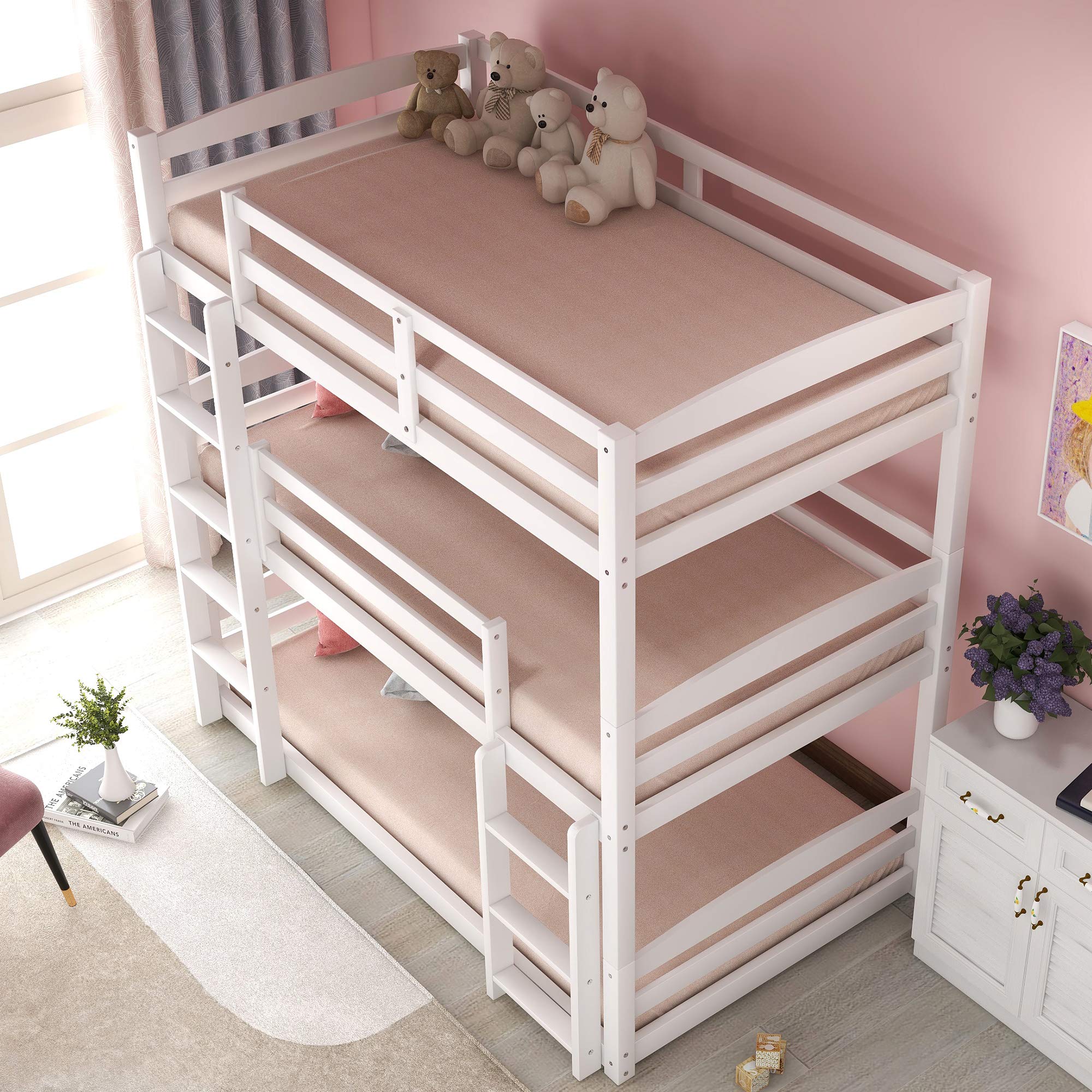 JULYFOX Triple Bunk Bed - Twin Over Twin Over Twin Solid Wood Frame, White Space-Saving Floor Bunk Bed with Ladders & Guard Rails (No Box Springs Needed) - Perfect for Kids' Bedrooms, Dorms, and Small Spaces