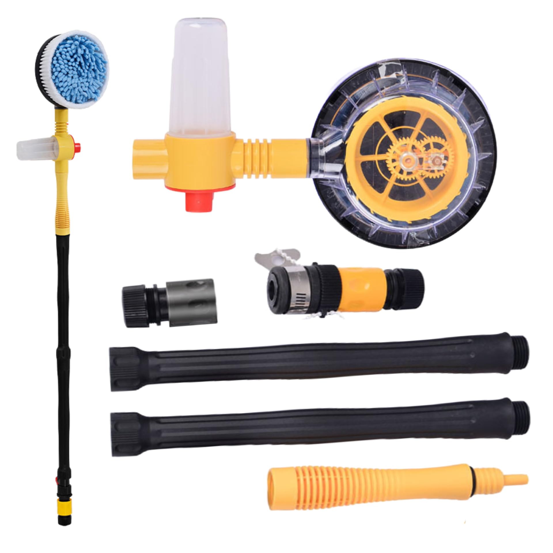 Rotating Car Wash Brush with Soap Dispenser & Hose Attachment - Soft Bristle Spin Mop Scrub Brush for Cars, Trucks, SUVs - Long Handle Water Flow Through High Pressure Cleaning Kit - Perfect for Driveway, Garage & Auto Detailing