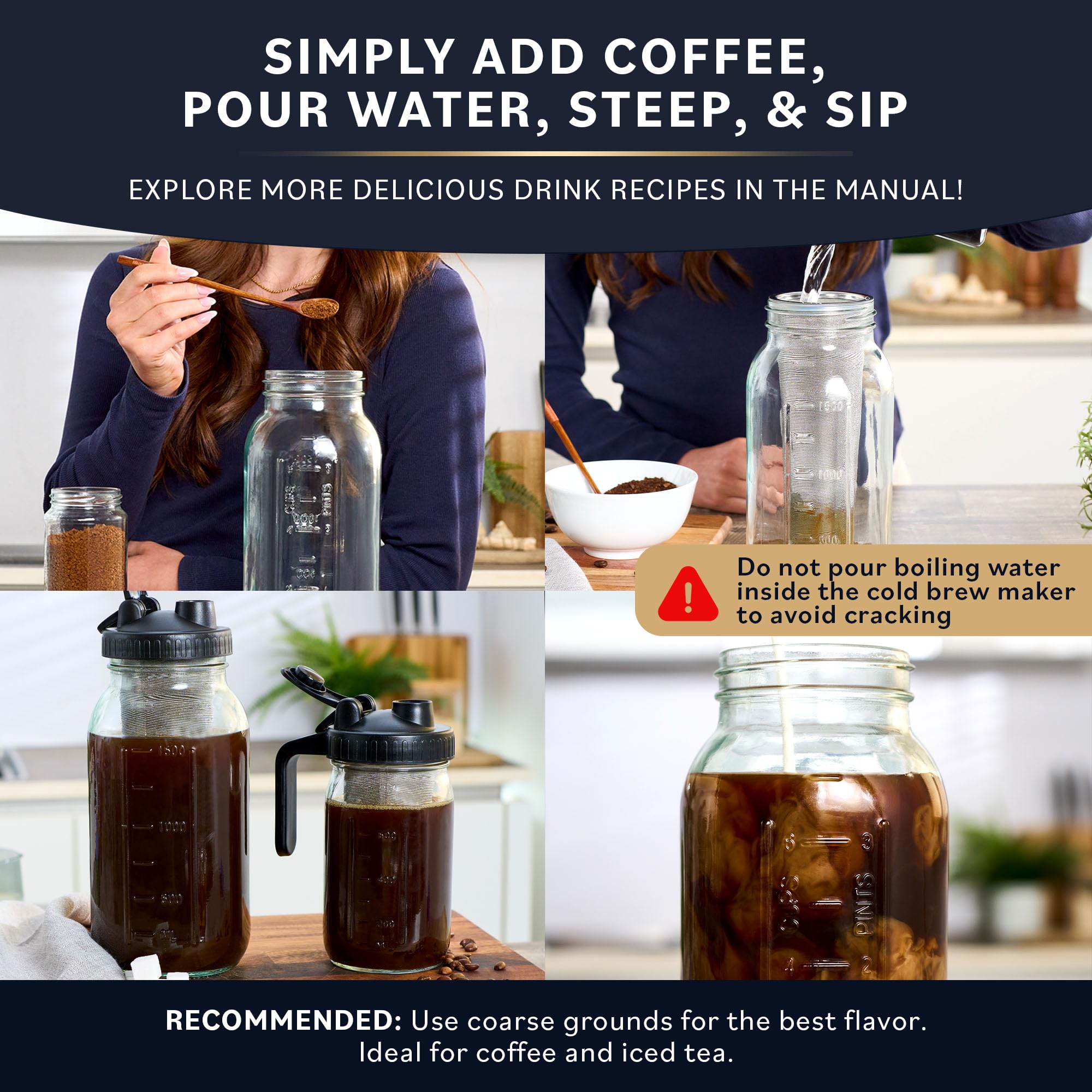 Premium Cold Brew Coffee Maker with Heavy-Duty Glass Body & Stainless Steel Filter - 32 oz Iced Tea & Coffee Pitcher with Flip Cap Lid - Perfect for Home, Office, and Outdoor Use (Black, 1 Quart)