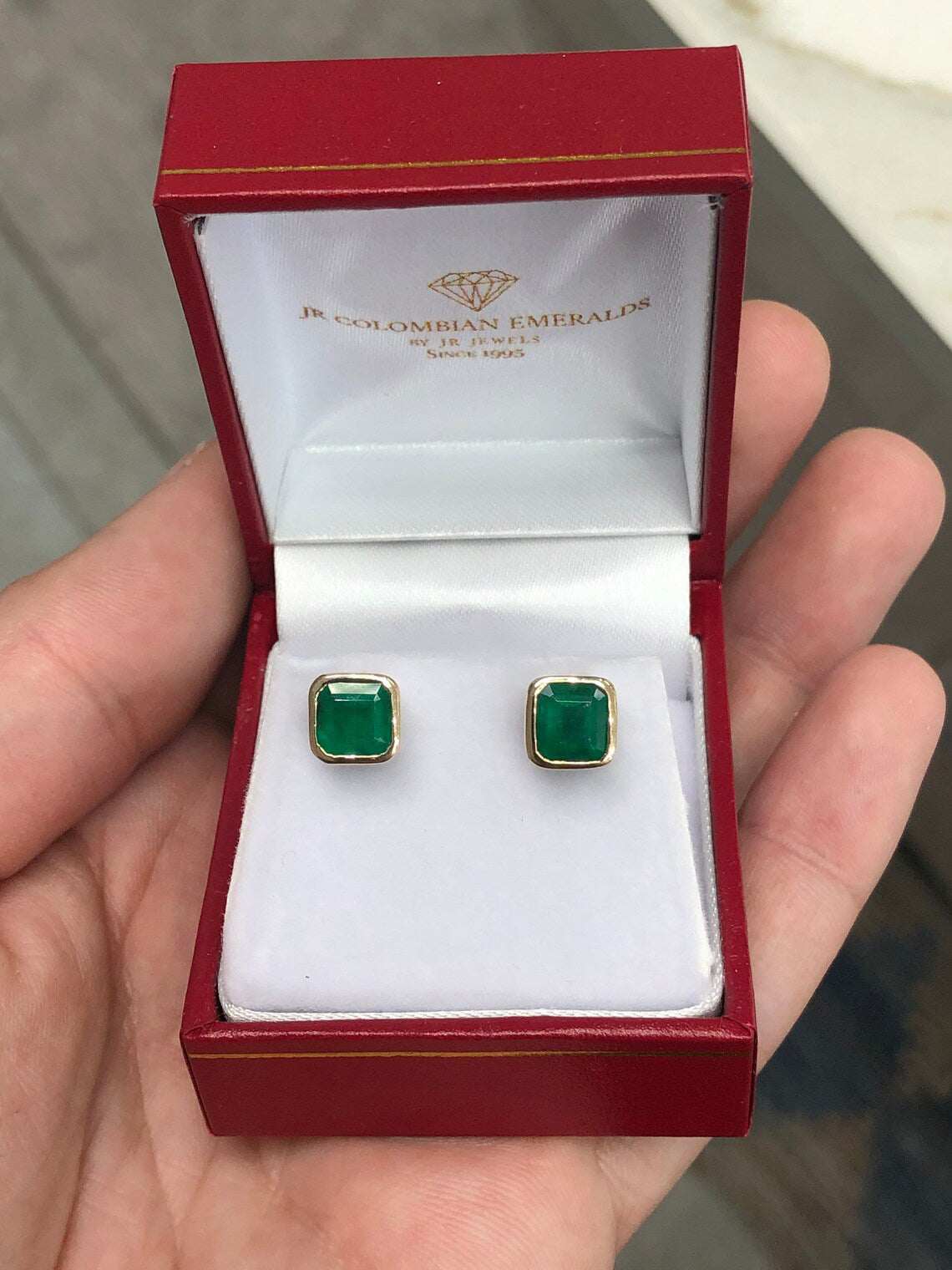 2.20tcw Asscher Cut Natural Dark Green Emerald Earrings - 14K Gold Bezel Set for Women | Perfect for Weddings, Parties & Special Occasions