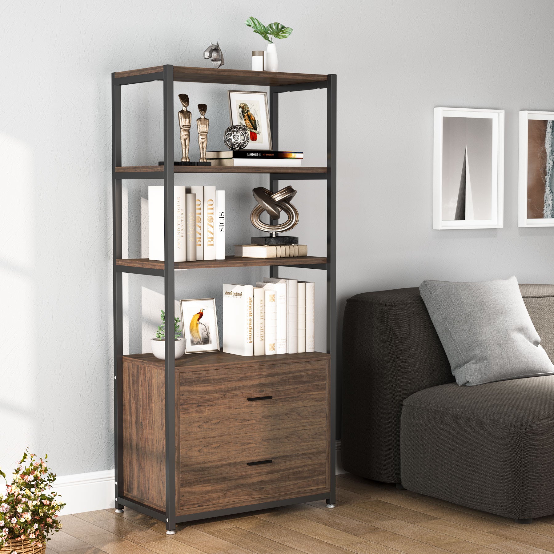 2-Drawer Bookshelf Etagere Bookcase with Open Shelves - Modern Storage Solution for Home Office, Living Room & Bedroom Organization