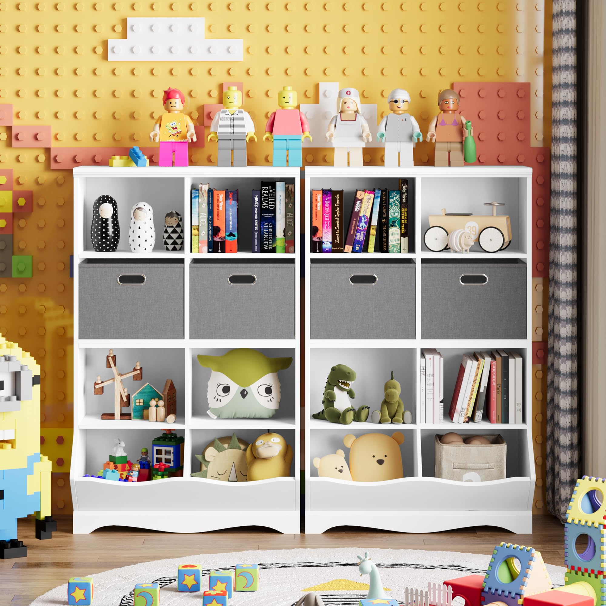White Toy Storage Organizer with 2 Bins & 8 Cubbies - Kids Bookcase & Bookshelf for Boys & Girls - Perfect for Toddler Room, Playroom & Nursery Organization - Durable Children's Storage Cabinet for Toys & Books