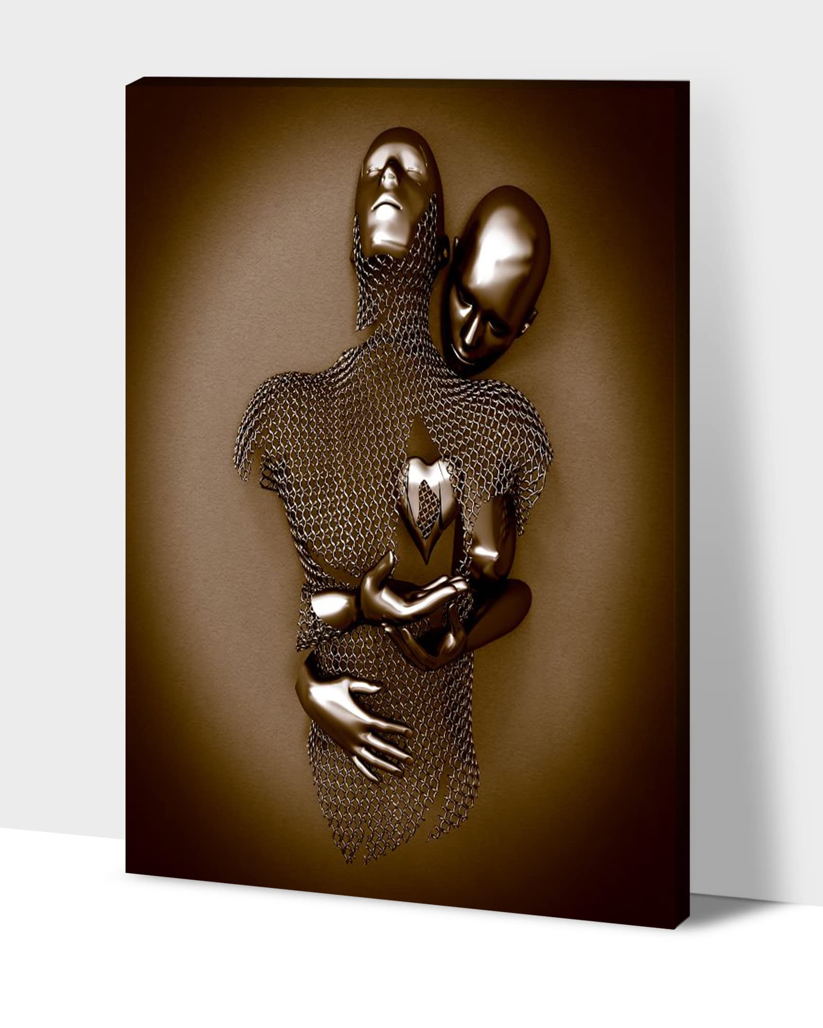 3D Metal Effect Love Heart Gray Canvas Wall Art - Romantic Hugging Couples Bedroom Decor, Brown Living Room Wall Canvas (28x40 Inches) - Perfect Valentine's Day Gift for Couples & Anniversary Present | Ideal for Home Decor, Wedding Gift, and Romantic Bedroom Accent
