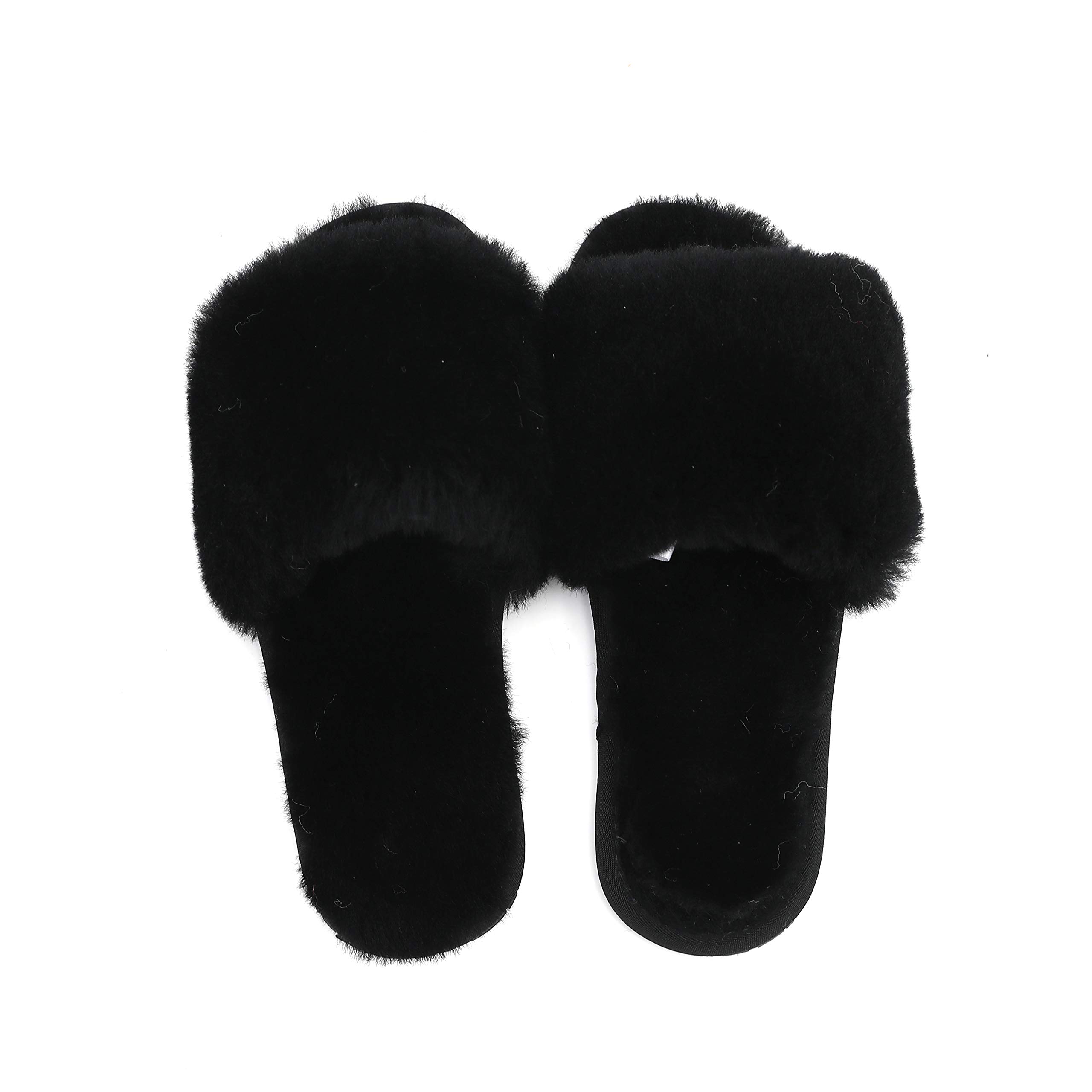 Women's Luxury Boiled Wool Slippers with Real Fur - Open Toe House Slippers by Dechic | Cozy Indoor & Lounge Wear for Winter Comfort