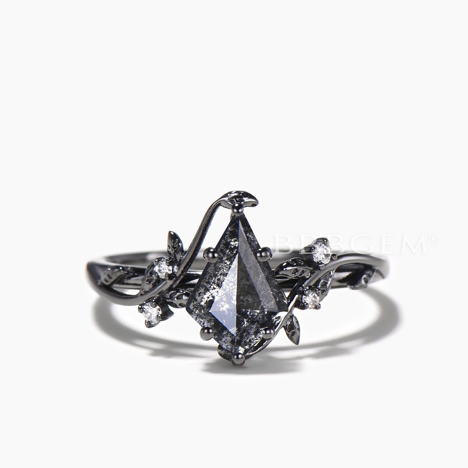 Nature Inspired Kite Cut Salt and Pepper Diamond Bridal Ring Set with Ruby Twig Band – Perfect for Boho Wedding, Engagement, and Vintage Style Jewelry Lovers