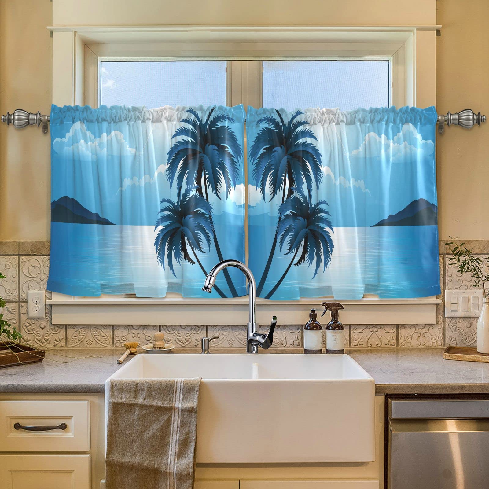 DOMIKING Summer Beach Palm Trees Kitchen Curtains Set with Valance - Rod Pocket Small Window Curtains for Bathroom, Bedroom & Living Room - Farmhouse Coastal Decor (57x36 Inches) - Perfect for Beach Houses, Vacation Homes & Tropical Themed Rooms