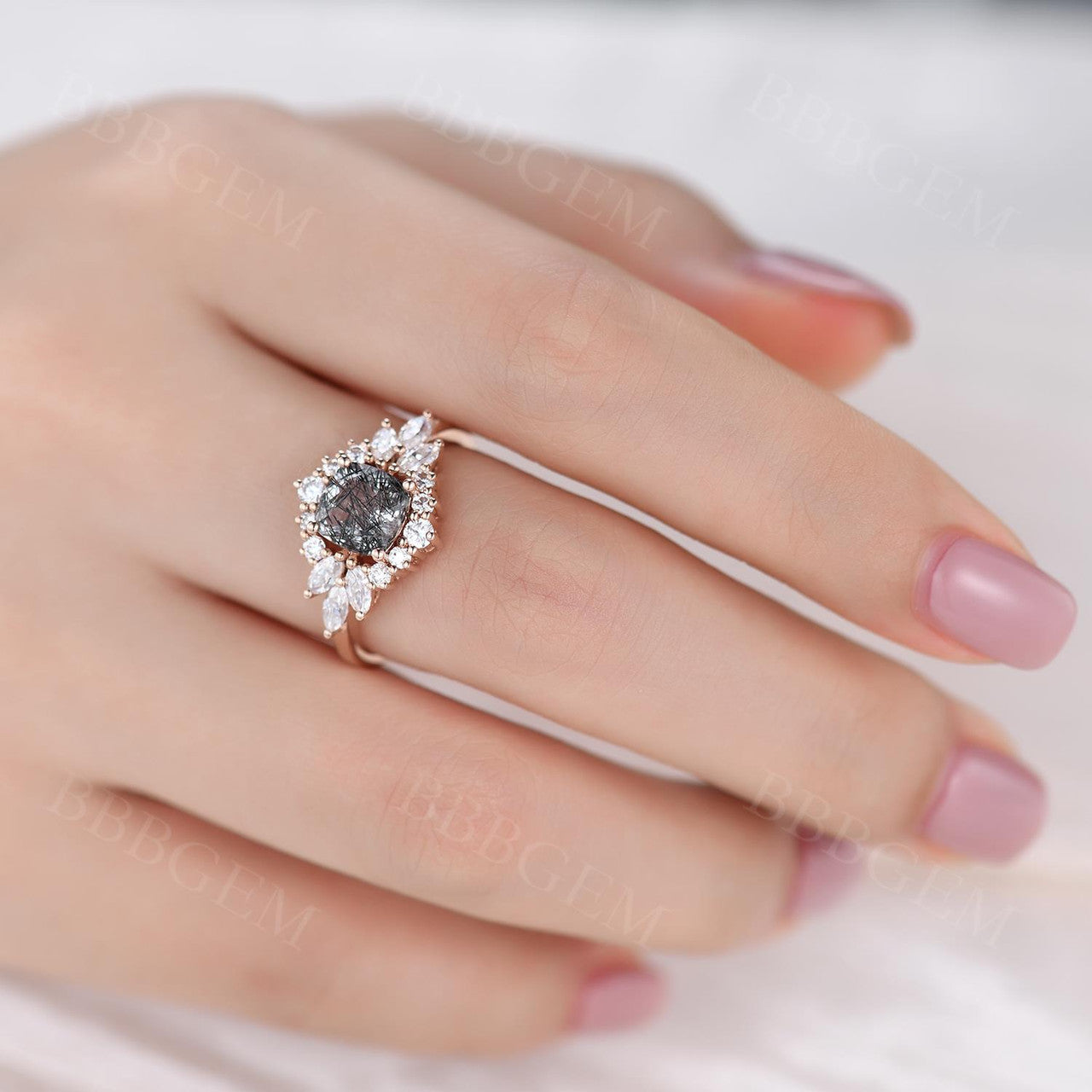Exquisite Cluster Moissanite Halo Cushion Ring with Black Rutilated Quartz & Tourmaline | Vintage Cocktail Jewelry for Women | Perfect for Evening Parties, Weddings & Special Occasions