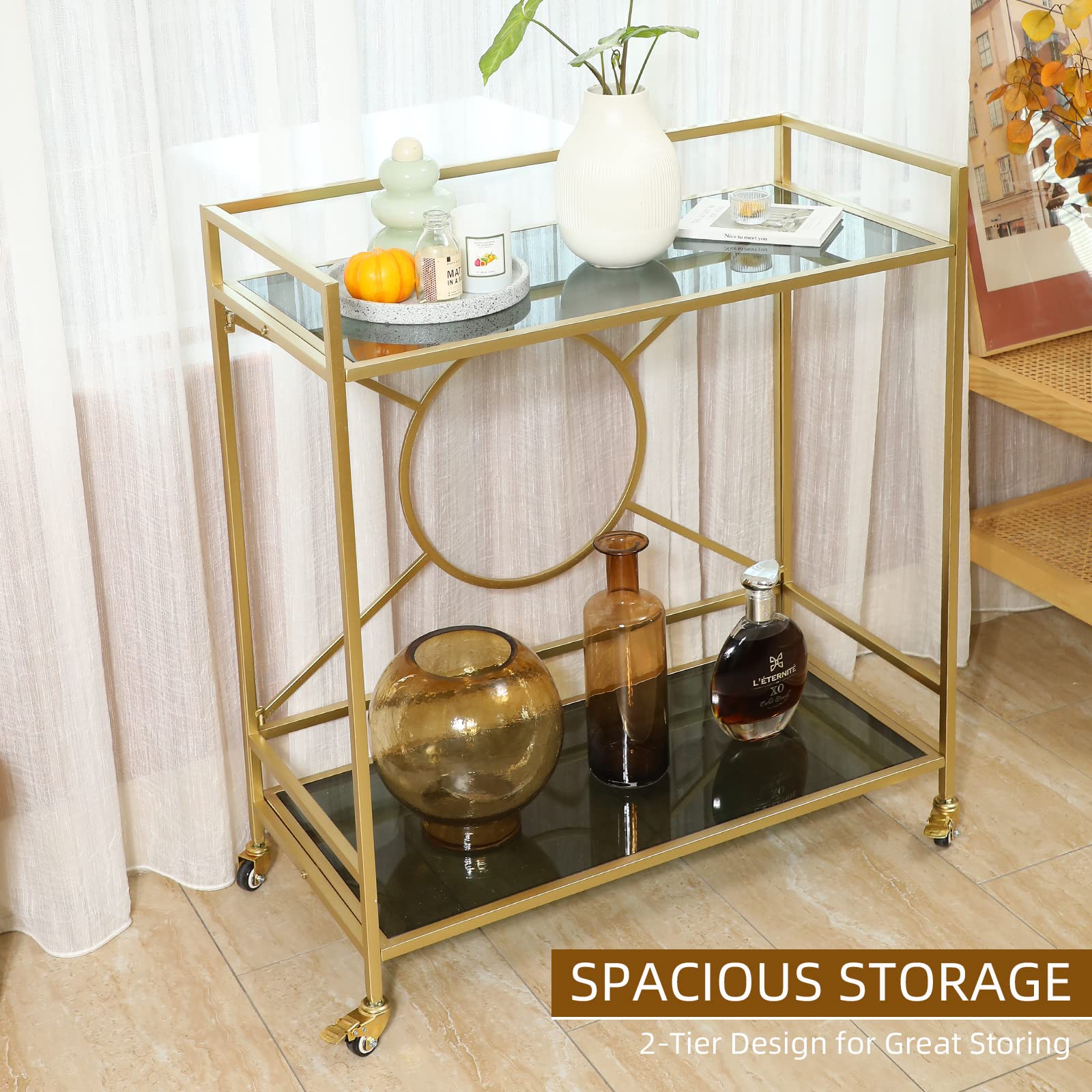 Palama Gold Bar Cart for Home - Easy Assembly with Only 4 Screws, 2-Tier Rolling Snack Cart with 2 Black Tempered Glass Shelves & Lockable Wheels - Perfect for Living Room, Dining Room, or Home Bar Entertaining