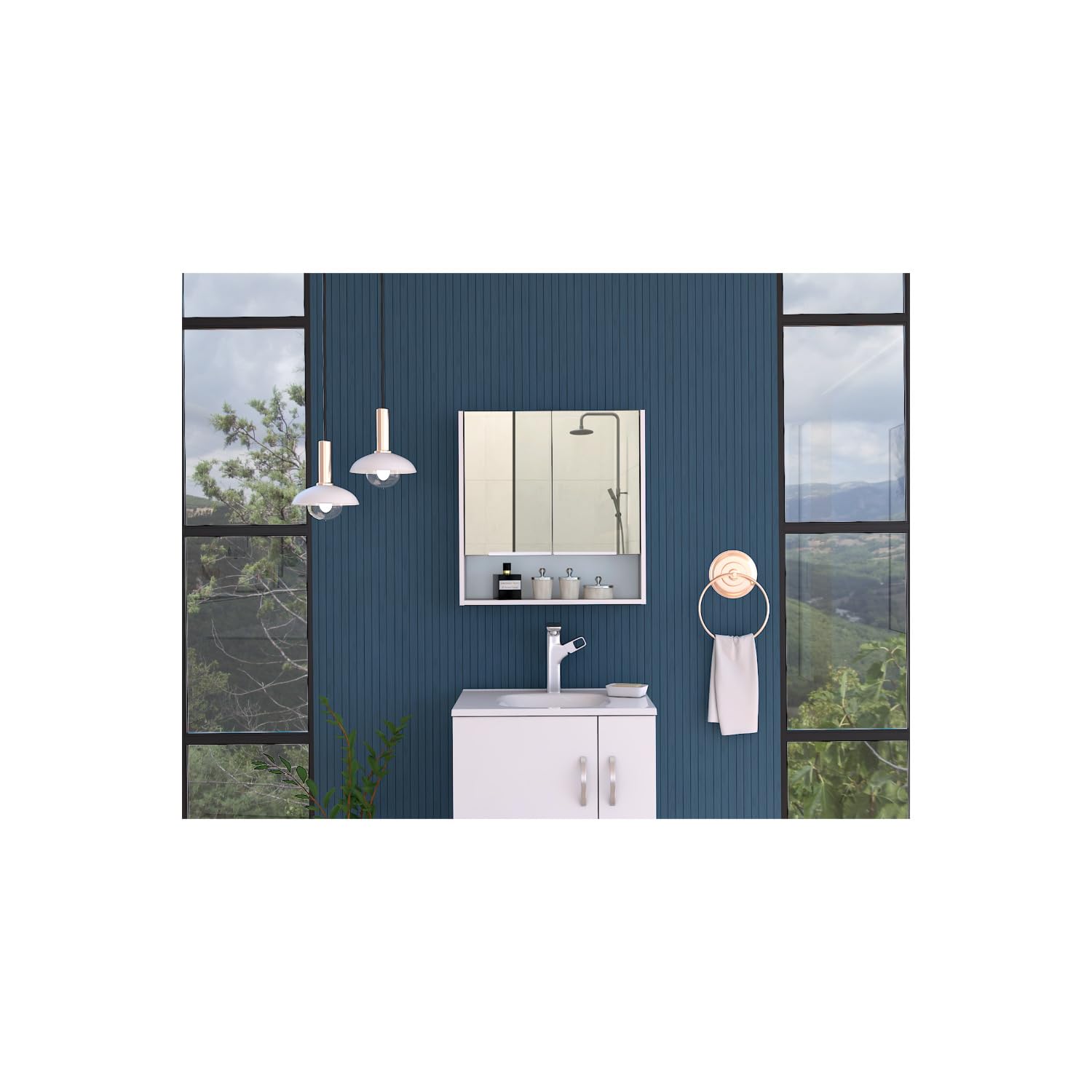 Tuhome Jaspe Mirror Medicine Cabinet with 3 Adjustable Shelves & Open Storage - White Double Door Bathroom Vanity for Makeup & Organizing