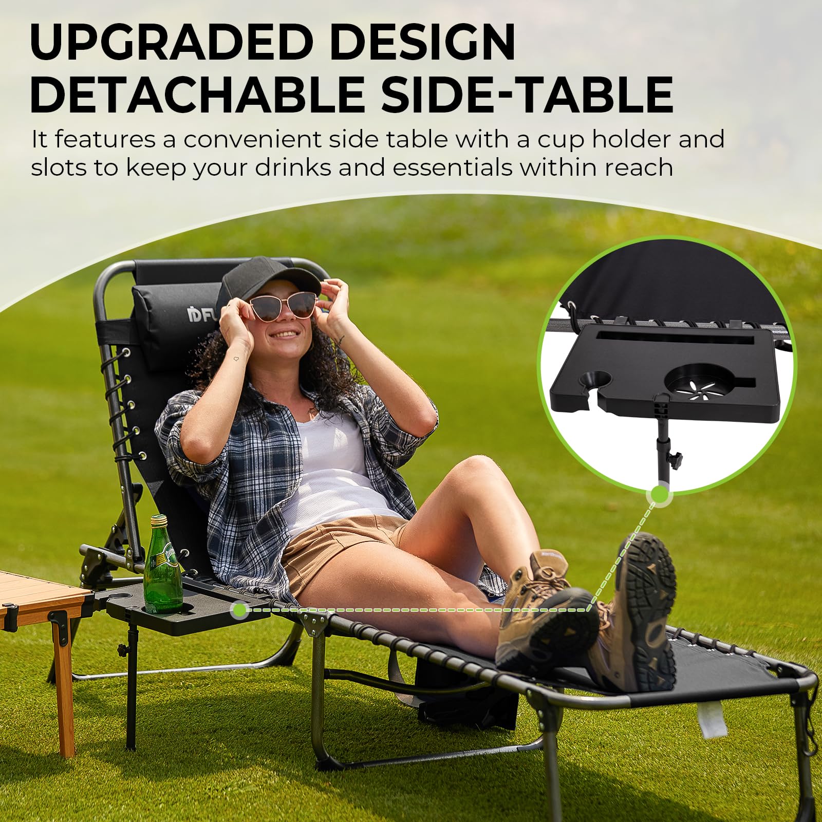 FUNDANGO Folding Chaise Lounge Chair with Soft Cushion & Side Table - 5-Position Adjustable Outdoor Recliner for Patio, Beach, Camping - Portable Sunbathing Chair with Pillow - Perfect for Backyard Relaxation, Poolside Lounging and Picnic Comfort