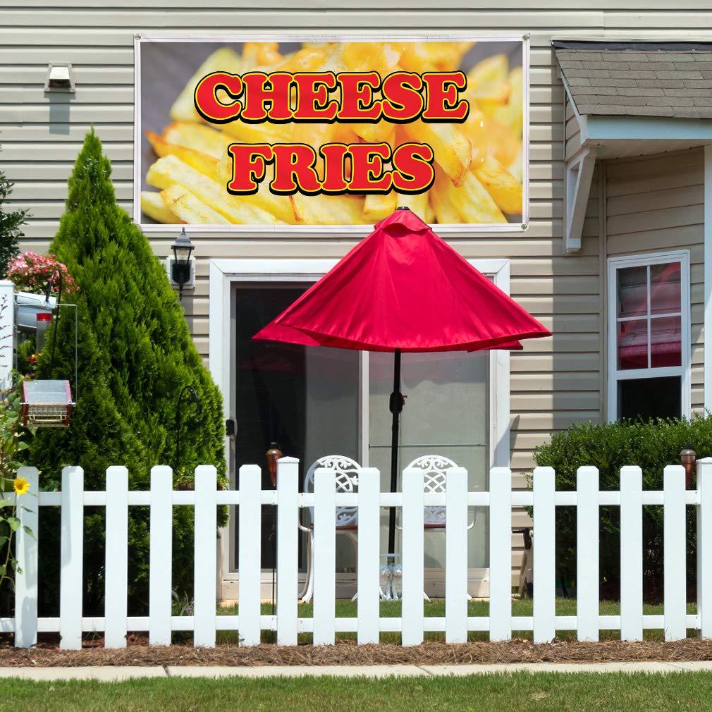 Custom Vinyl Banner - Durable Weatherproof Cheese Fries Sign for Restaurants, Cafes & Bars (48x96 Inches, Yellow, 8 Grommets) - Perfect for Outdoor Advertising, Yard Signs & Food Truck Promotion