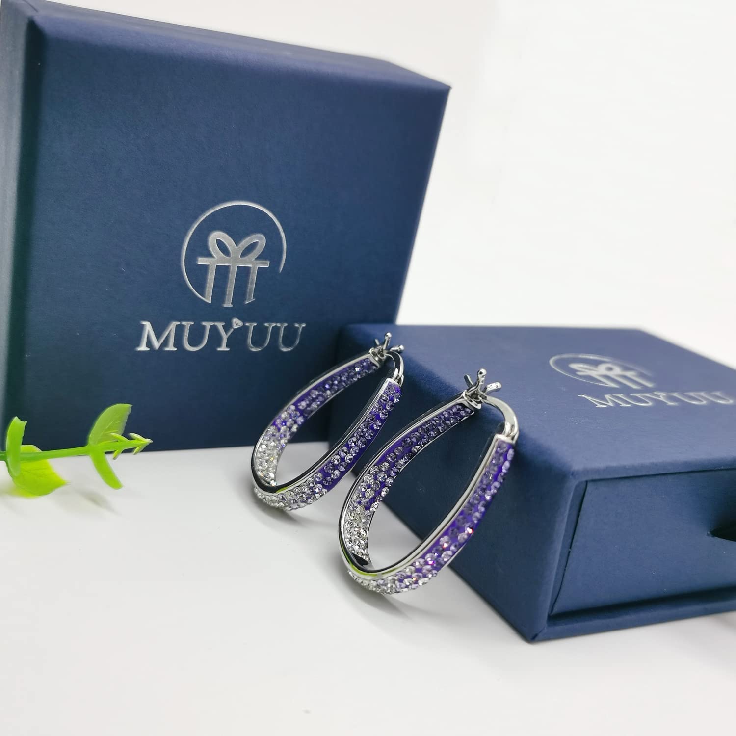 MUYUU Oval Hoop Earrings for Women - Rhodium Plated Inside Out Crystal Hoop Earrings - Trendy Fashion Jewelry for Party, Wedding & Everyday Wear