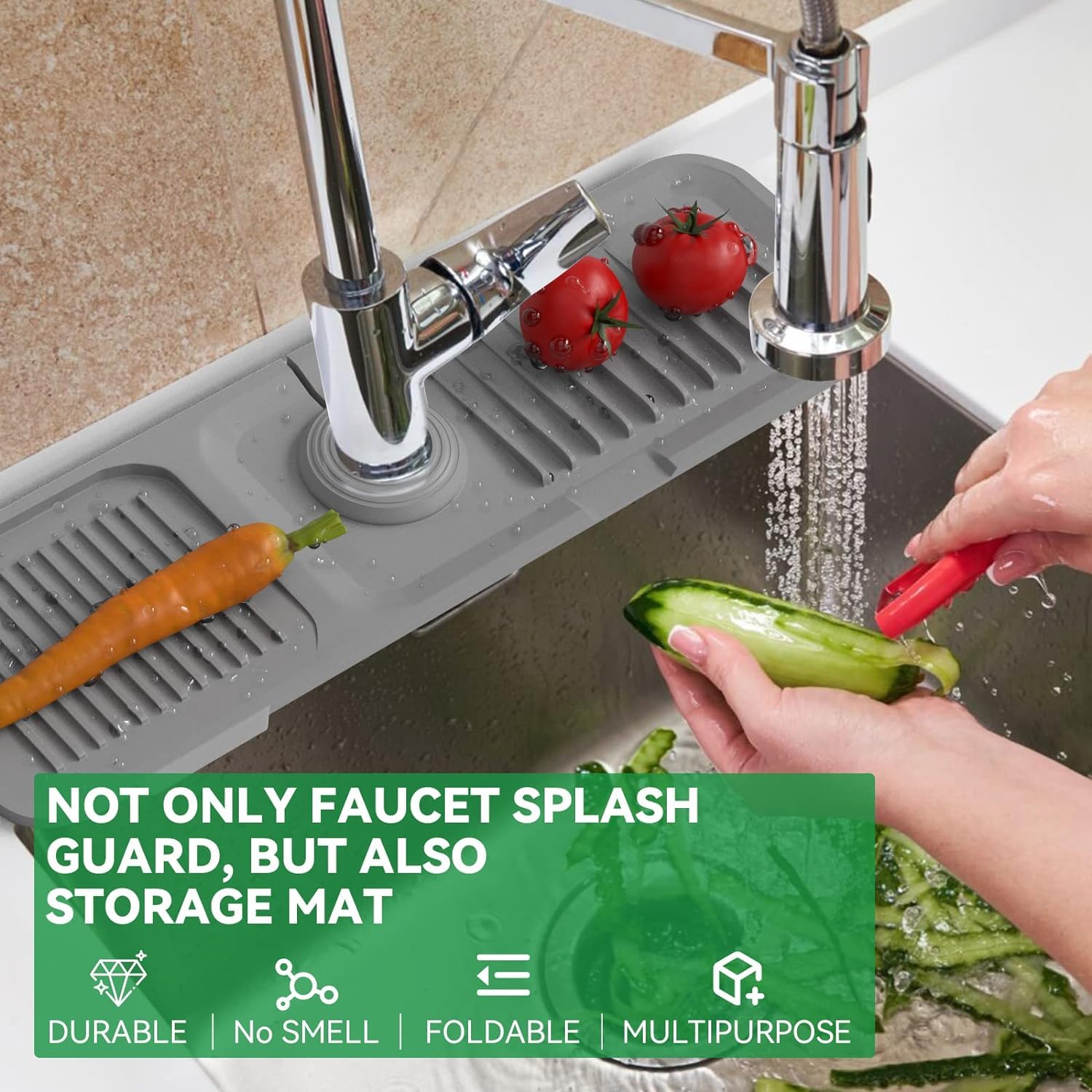 UNIQUE CART Silicone Faucet Mat - Dish Soap Sponge Holder, Drying Mat for Kitchen & Bathroom Sink, Splash Guard for Countertops, Perfect for Modern Homes and Compact Spaces (Grey)