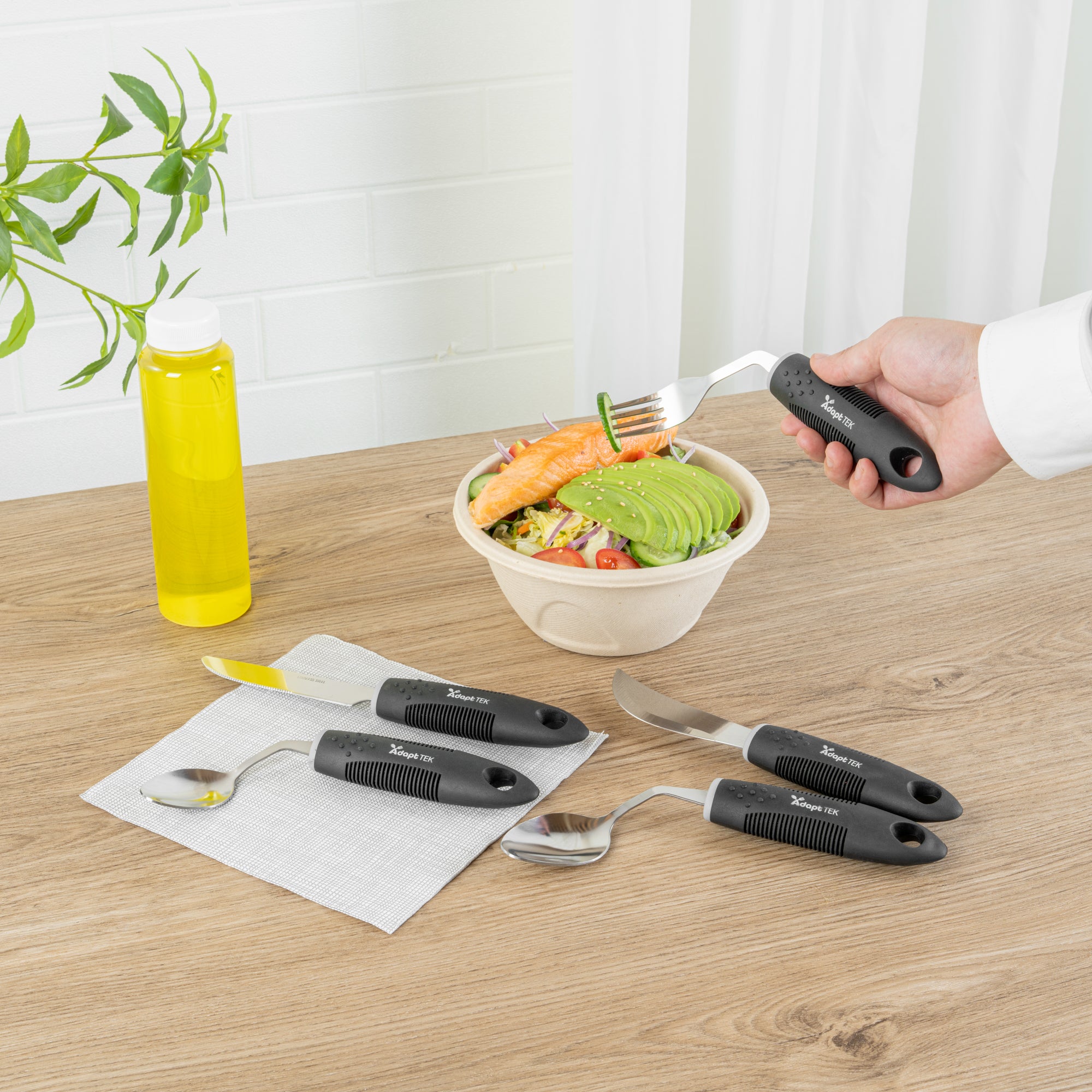 Adapt Tek Black Stainless Steel 5-Piece Adaptive Offset Utensil Set for Right-Handed Users - Lightweight, Non-Slip Grip (1 Count) - Ideal for Arthritis & Limited Mobility in Kitchen
