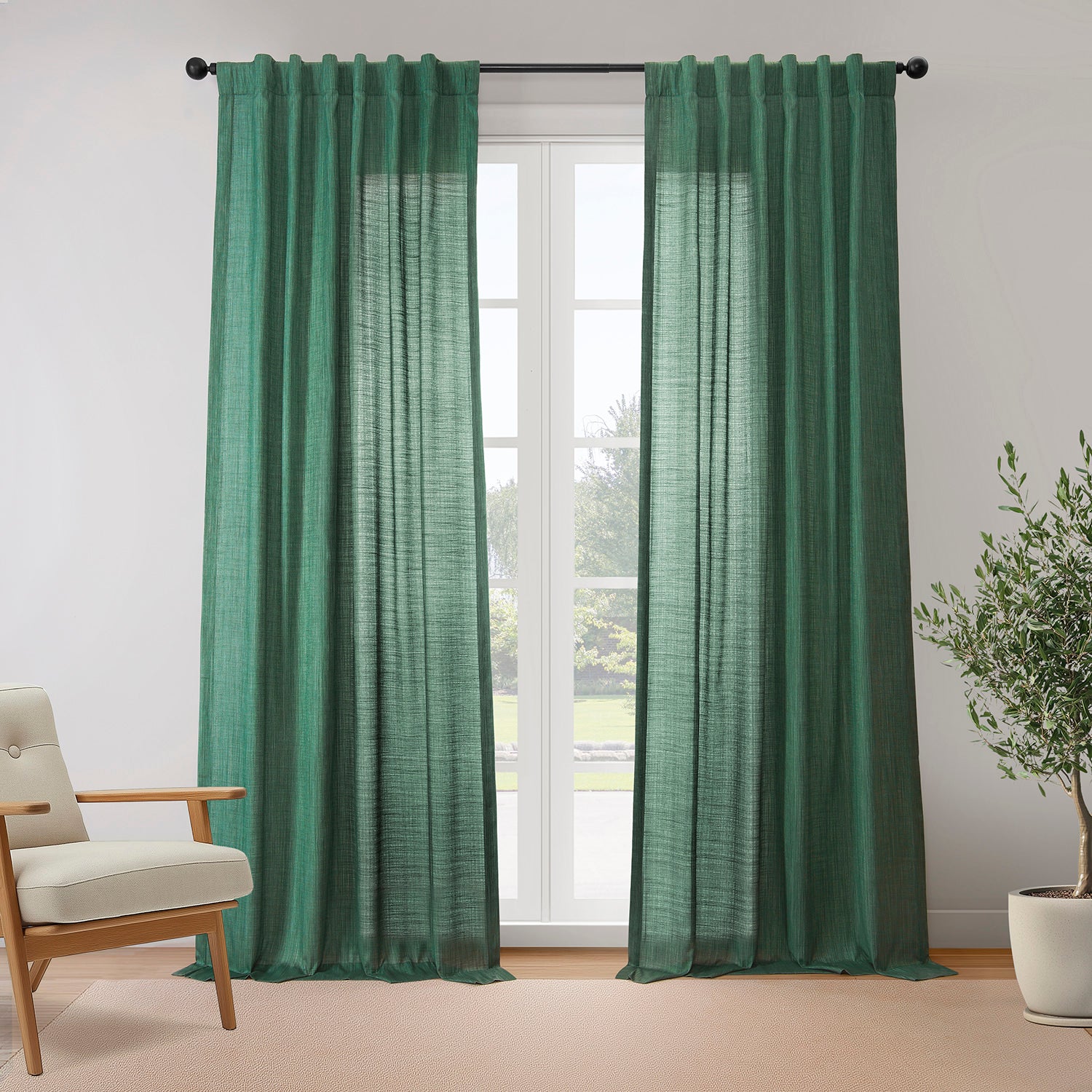 Dark Green Rustic Linen Weave Light Filtering Curtains - Set of 2 Panels for Living Room, Bedroom & Home Decor - Soft Window Treatment for Privacy & Sun Protection