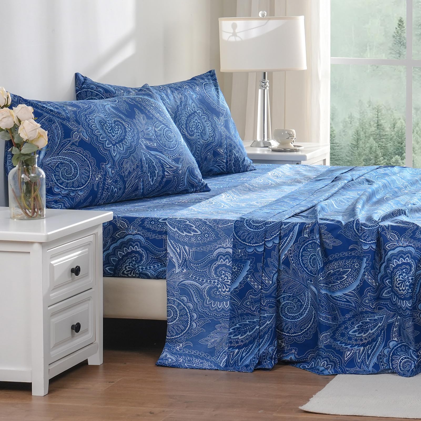Bedlifes Queen Sheet Set - Ultra Soft & Breathable 100% Microfiber Bedding, 4-Piece Paisley Dark Navy Blue - Perfect for Luxury Bedrooms & Guest Rooms