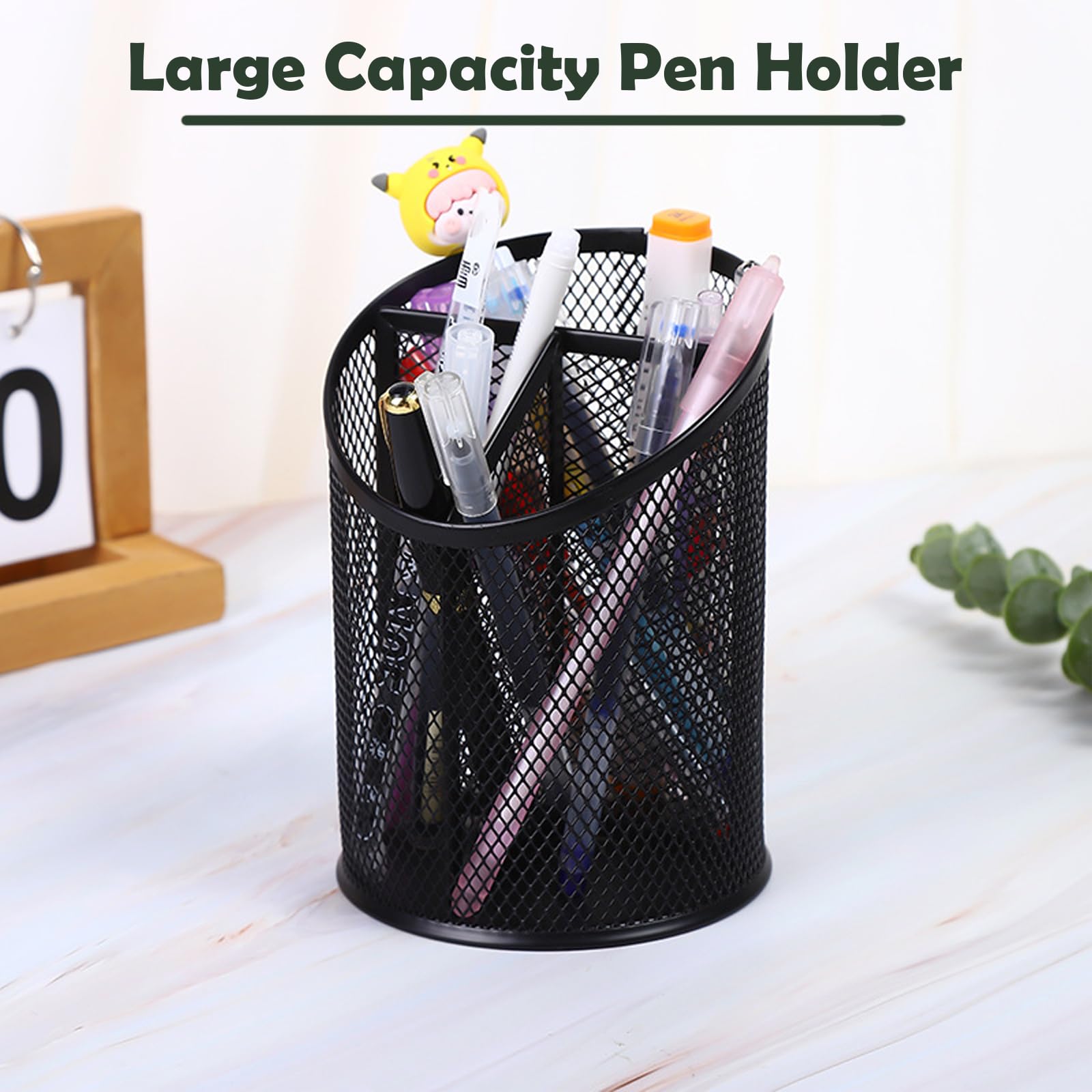 2 Pack Black Mesh Pencil Holder Pen Cup - 3 Compartment Round Desk Organizer for Office, Home & School - Perfect for Pens, Markers, Scissors & Stationery Storage