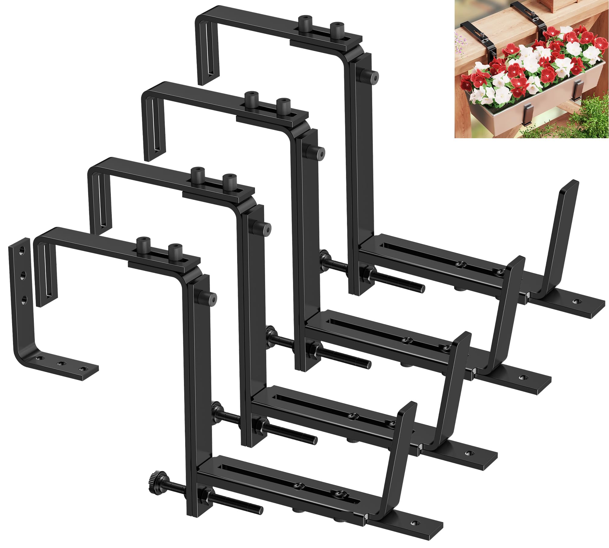 Y&M 4-Pack Adjustable Deck Railing Planter Box Brackets (6-12.5 Inch) - Heavy Duty Iron Window Box Hooks for Balcony, Fence, Patio & Garden - Black | Perfect for Hanging Flower Boxes on Railings, Walls & Outdoor Spaces