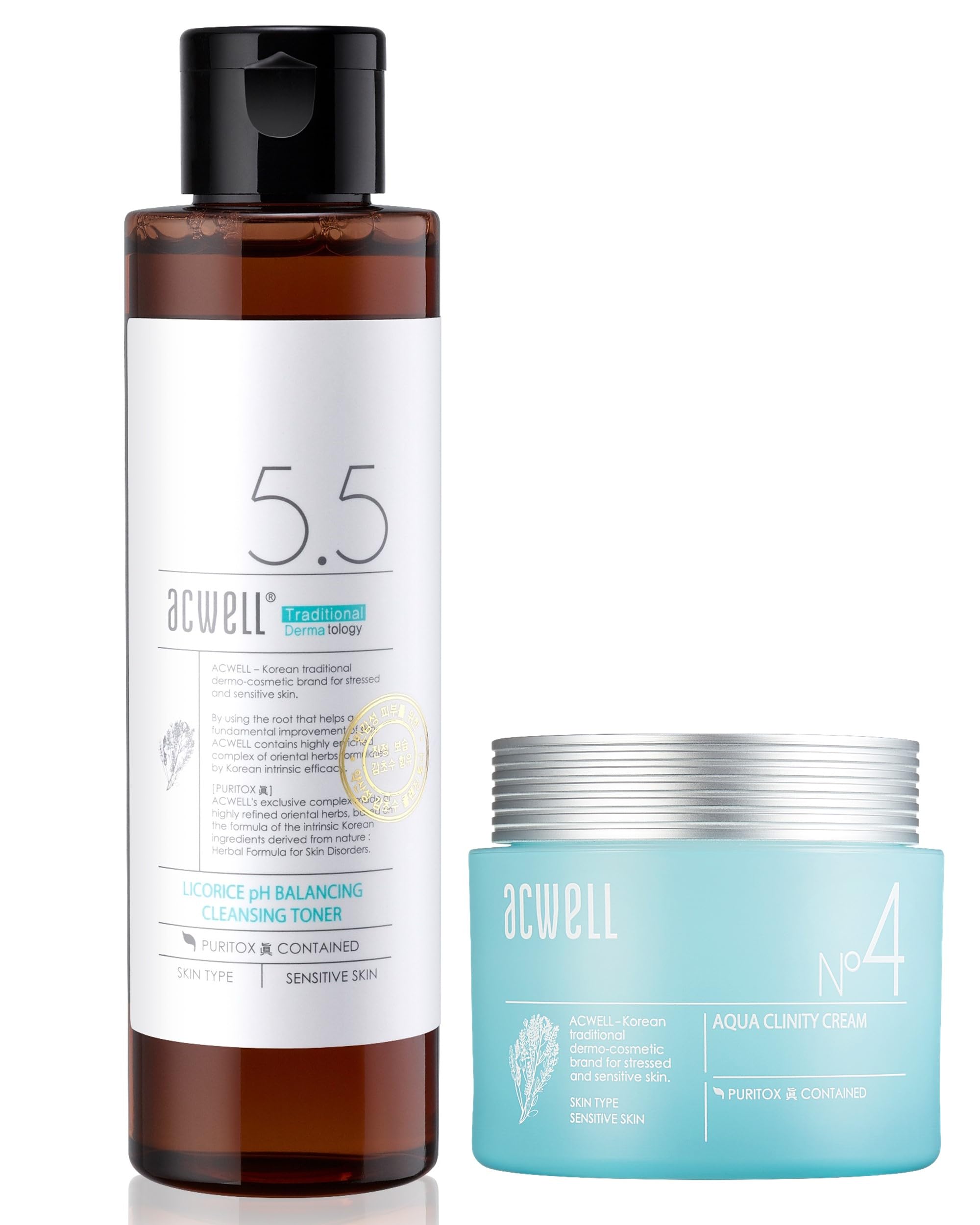 ACWELL Licorice pH Balancing Korean Toner & Real Aqua Balancing Cream Set - Hydrating Skincare Duo for Dry & Sensitive Skin | Korean Beauty Routine Essentials