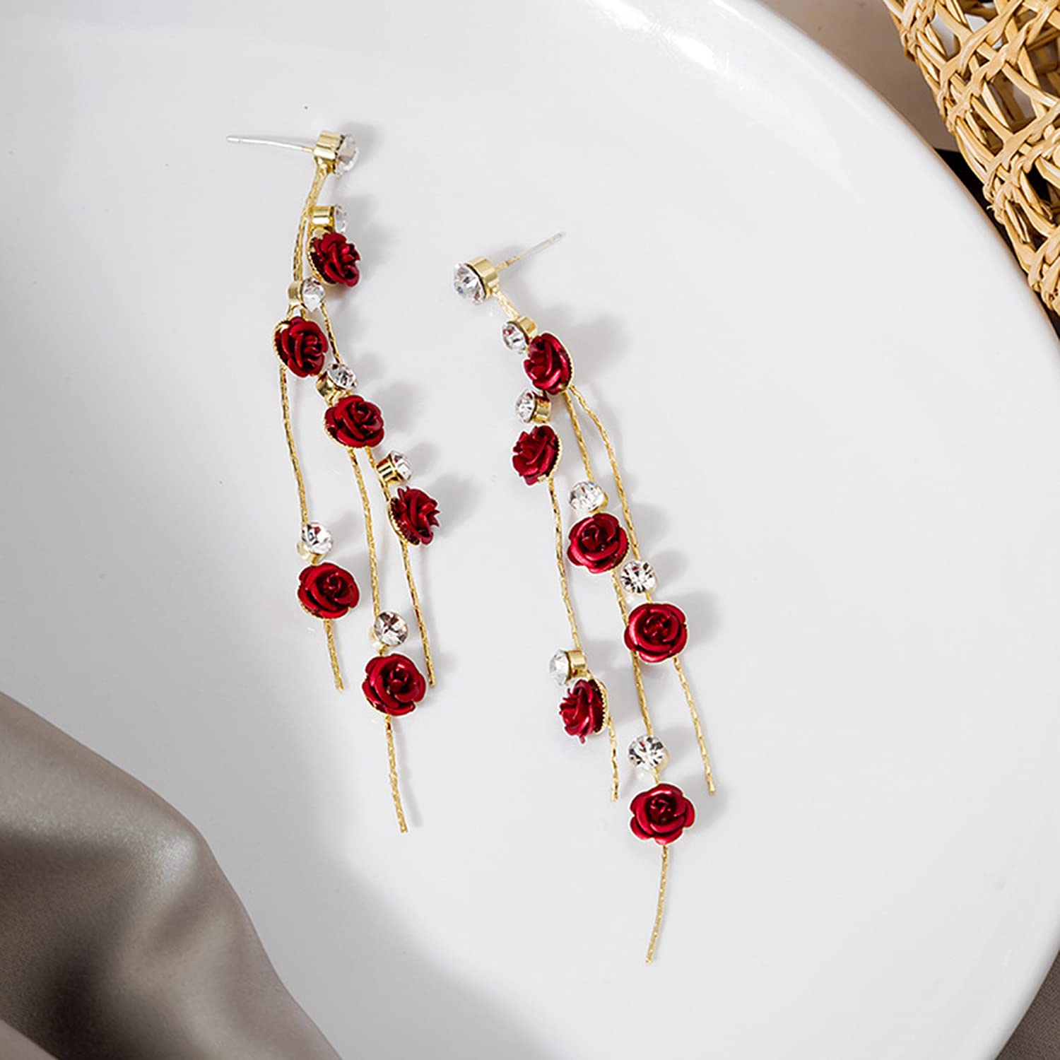 3D Rose Flower Crystal Long Tassel Drop Earrings for Women - CZ Rhinestone Rose Fashion Jewelry in Purple & Red - Elegant Dangle Earrings for Weddings, Parties, Date Nights & Special Occasions