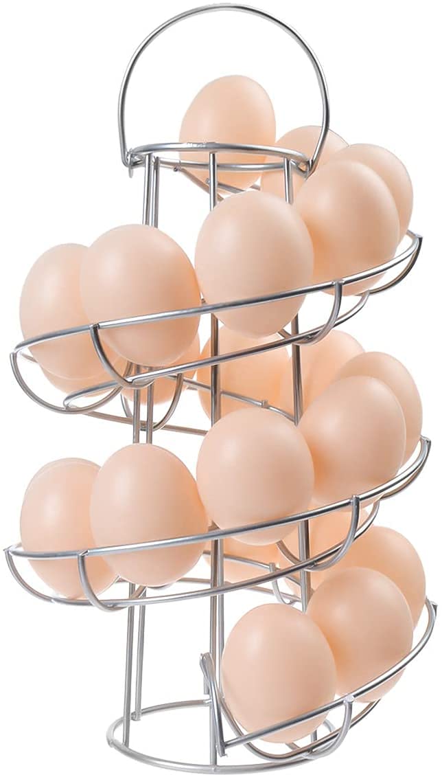 Premium Metal Egg Skelter - Spiral Design Egg Dispenser Rack with Built-in Egg Cracker | Kitchen Countertop Storage & Display Organizer (Silver) | Perfect for Farm Fresh Eggs, Breakfast Buffets & Home Decor