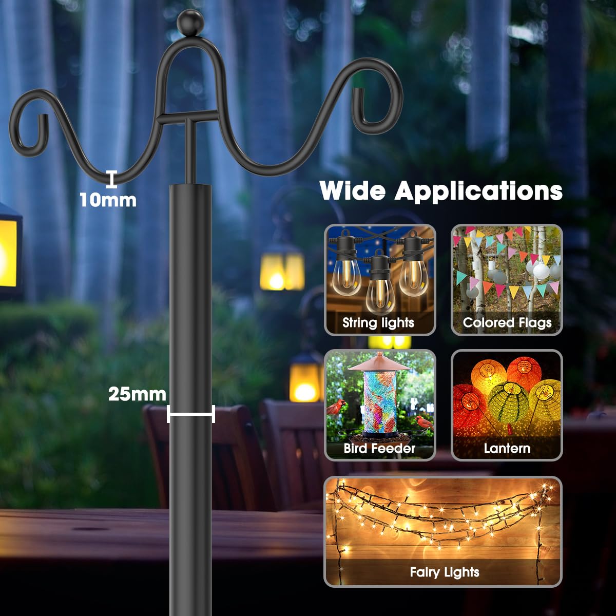 9FT Outdoor String Light Poles with Hooks - Heavy Duty Metal Stand for Patio, Deck, Backyard & Balcony Lighting | Perfect for Hanging String Lights, Lanterns, Bird Feeders & Plant Baskets (4 Pack) - Weather Resistant for Year-Round Use