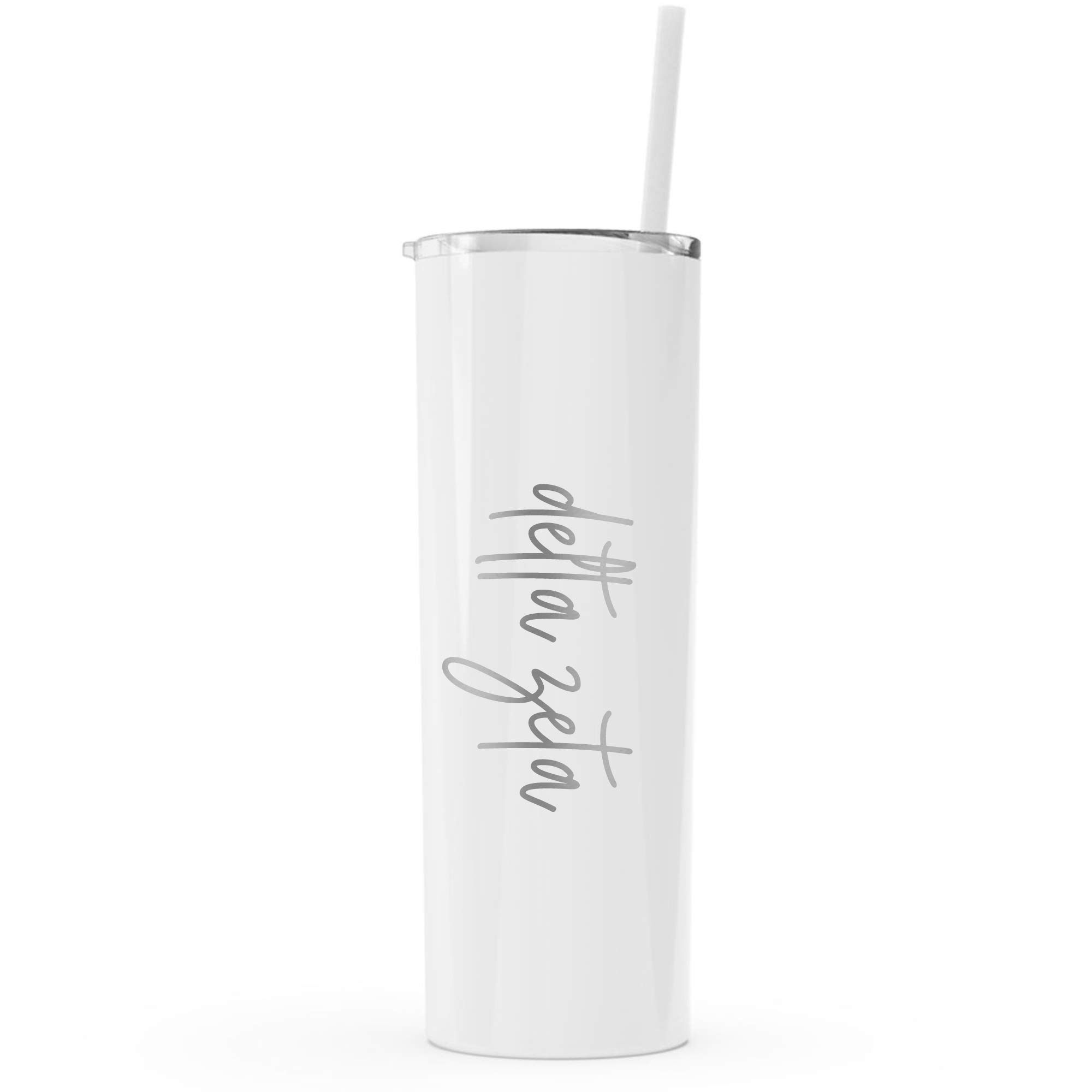 Go Greek Chic Delta Zeta Laser Engraved Skinny Tumbler with Straw - 20oz Insulated Stainless Steel Travel Cup (White) - Perfect for Sorority Events, College Campus, and Everyday Hydration