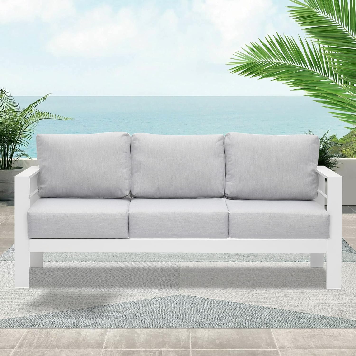 Wisteria Lane Patio Furniture Set - 3-Piece Aluminum Outdoor Sofa with Light Grey Cushions, All-Weather White Metal Garden Couch for Backyard, Poolside & Terrace Relaxation