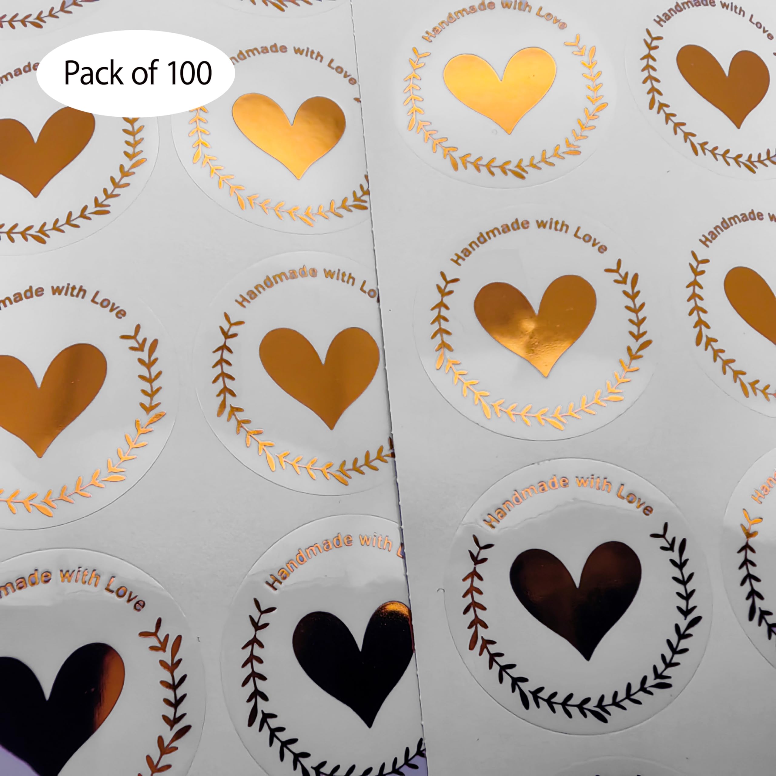 100 Pack Handmade Rose Gold Foil Stickers - 1.6 Inch Premium Business Labels for Packaging, Branding & Small Business Support - Waterproof Transparent Decals for Gift Wrapping, Scrapbooking & Product Branding