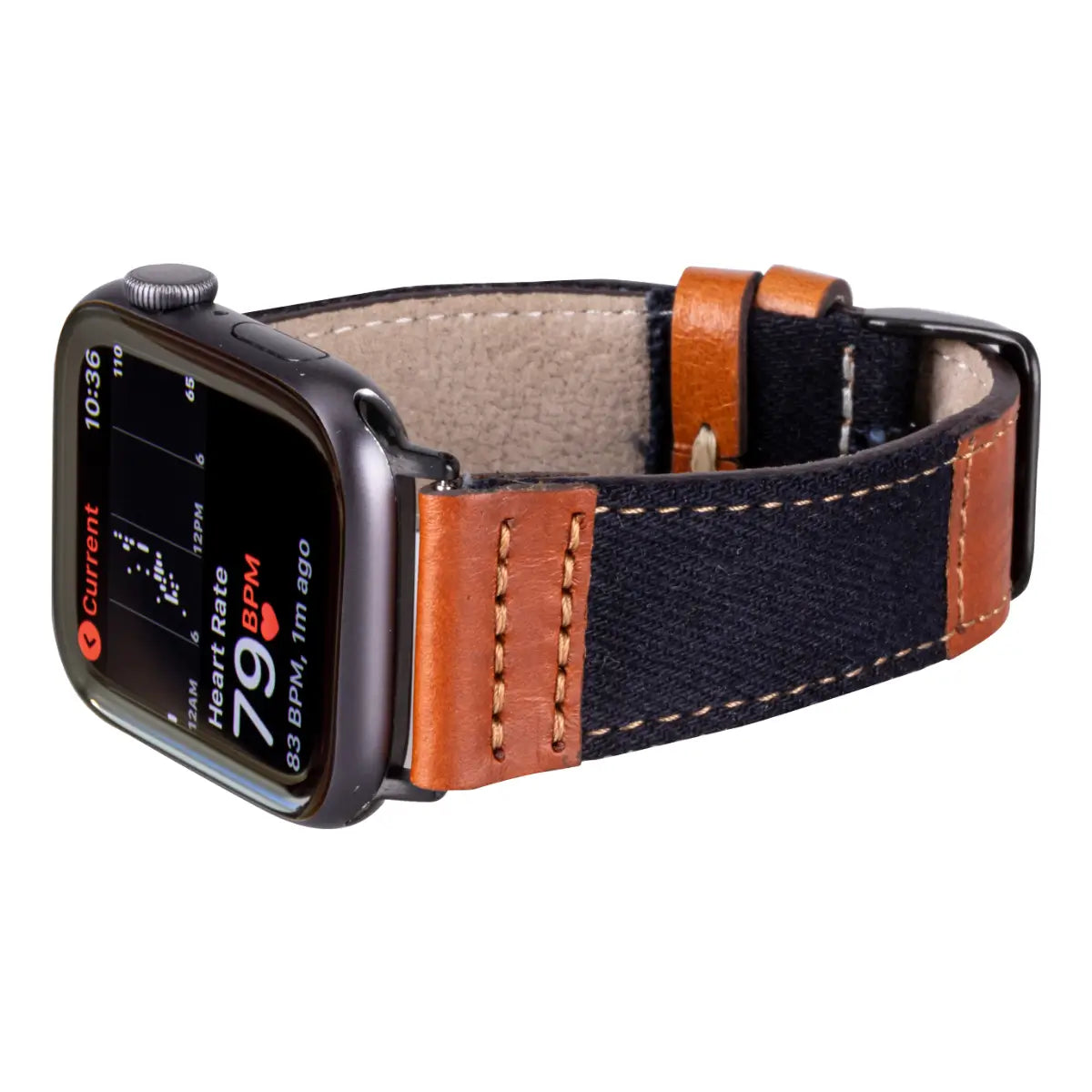 Premium Black Denim & Genuine Brown Leather Apple Watch Band - Stylish & Durable Replacement Strap for Workout, Office & Casual Wear