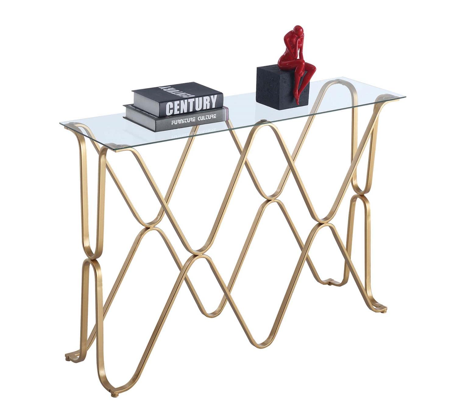 Convenience Concepts Neptune Console Table - Gold Metal Frame with Tempered Glass Top - Perfect for Entryway, Living Room & Hallway Decor