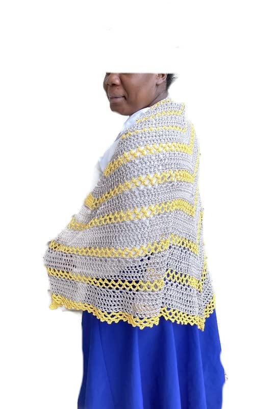 Gray and Yellow Striped Lacy Crochet Shawl - Large Triangle Wrap Scarf with Mesh Lace Design, 100% Pure Cotton - Perfect for Beach Cover-Up, Boho Fashion & Evening Events