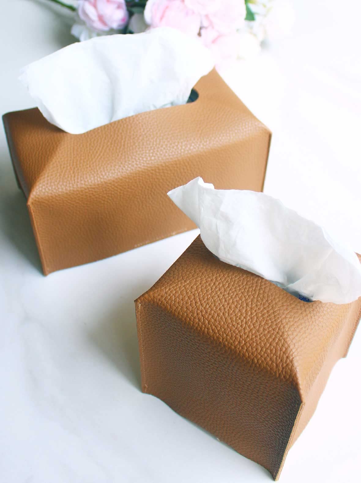 JESMINI Faux Leather Square Tissue Box Cover with Bottom Belt - Camel Brown Tissue Box Holder for Bathroom, Nightstand, Office & Living Room - Decorative Home & Desk Accessory for Tissues