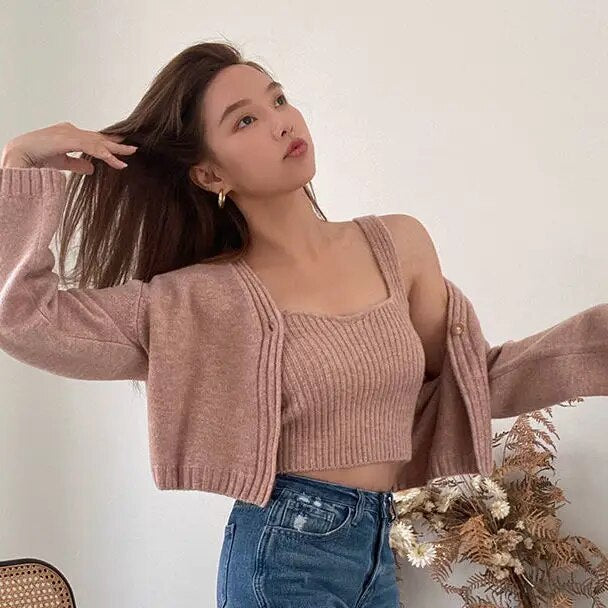 Women's 2-Piece Knitted Cardigan & Camisole Set - Cozy Autumn Winter Sweater Jumper for Layering, Office Wear & Casual Outfits