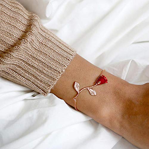 WLL Elegant 3D Red Rose Flower Charm Bracelet for Women - Beauty and The Beast Inspired Rose Jewelry, Perfect Bridesmaid Gift & BFF Present - Ideal for Weddings, Anniversaries & Romantic Occasions